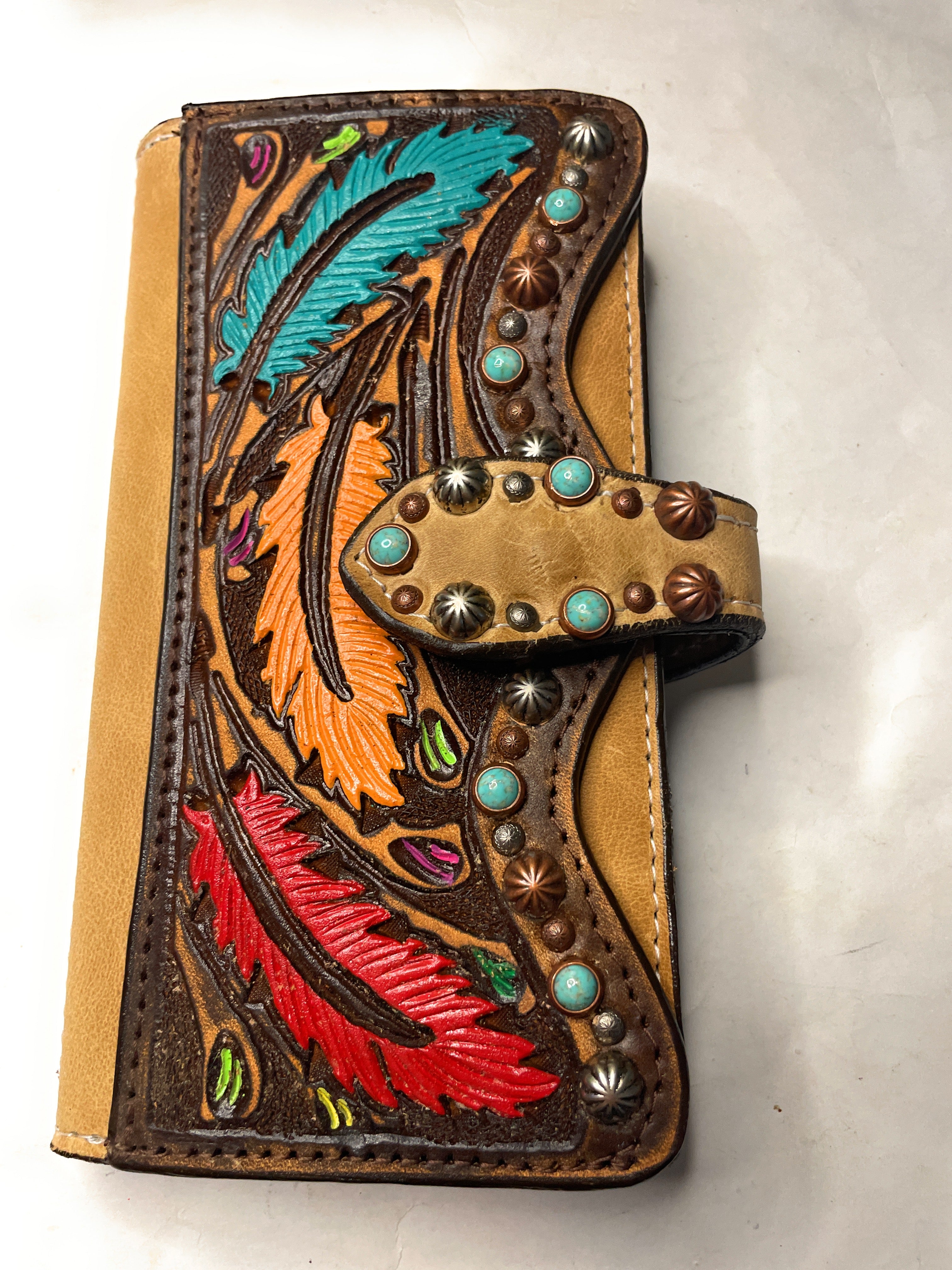 Handmade Brown Leather Wallet With Feathers