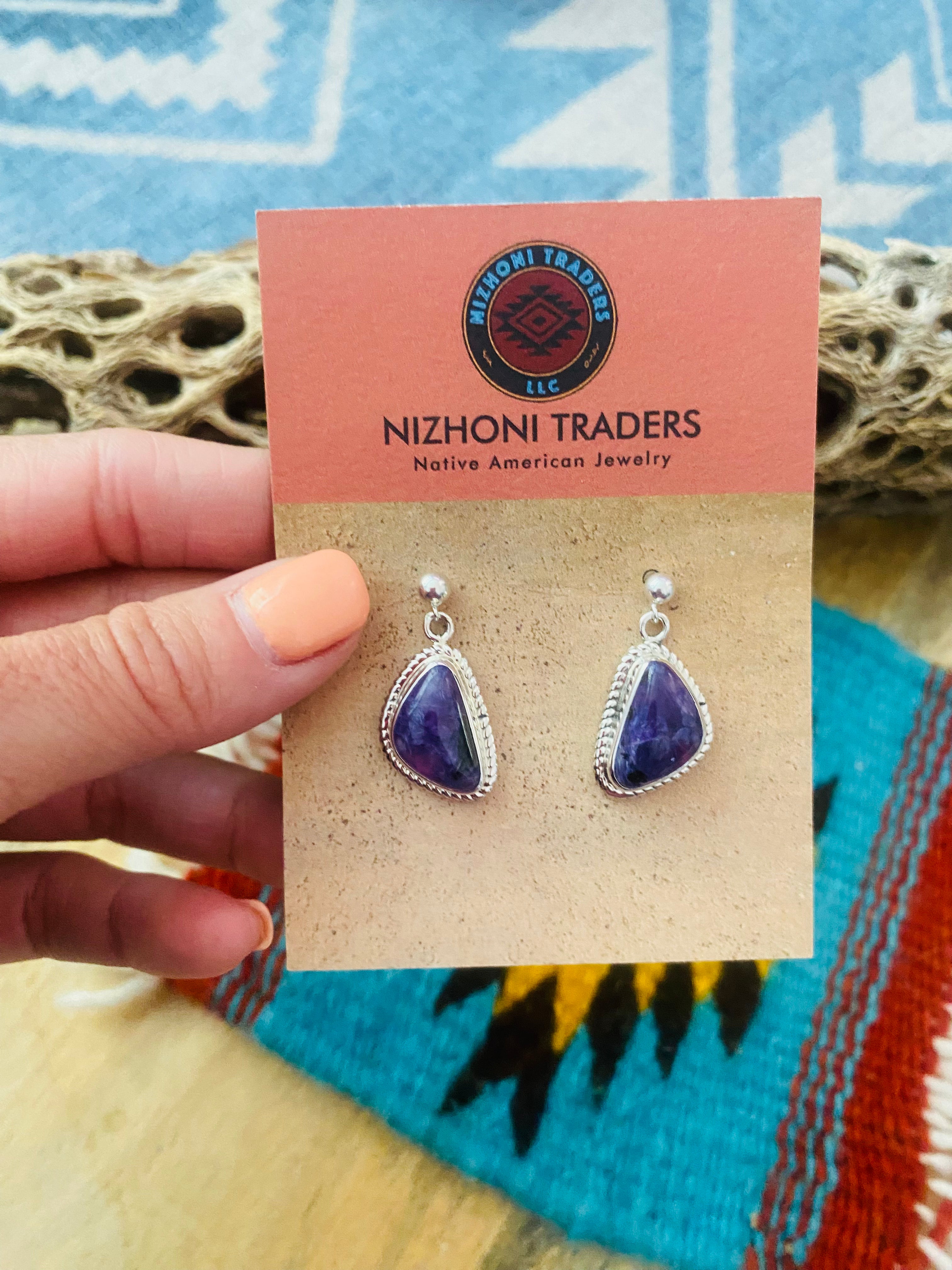 Navajo Charoite & Sterling Silver Dangle Earrings Signed