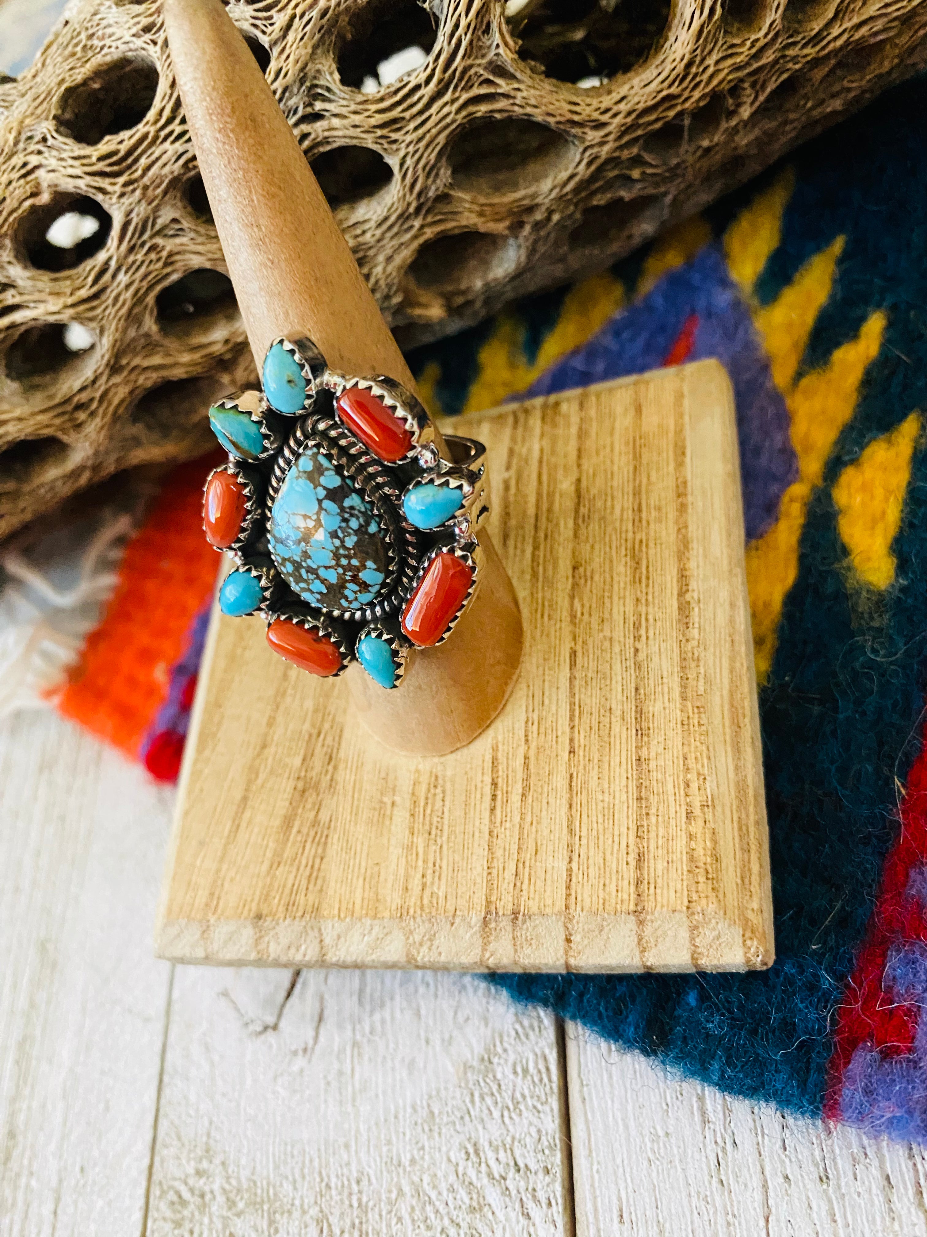 Handmade Sterling Silver, Coral & Number 8 Turquoise Cluster Adjustable Ring