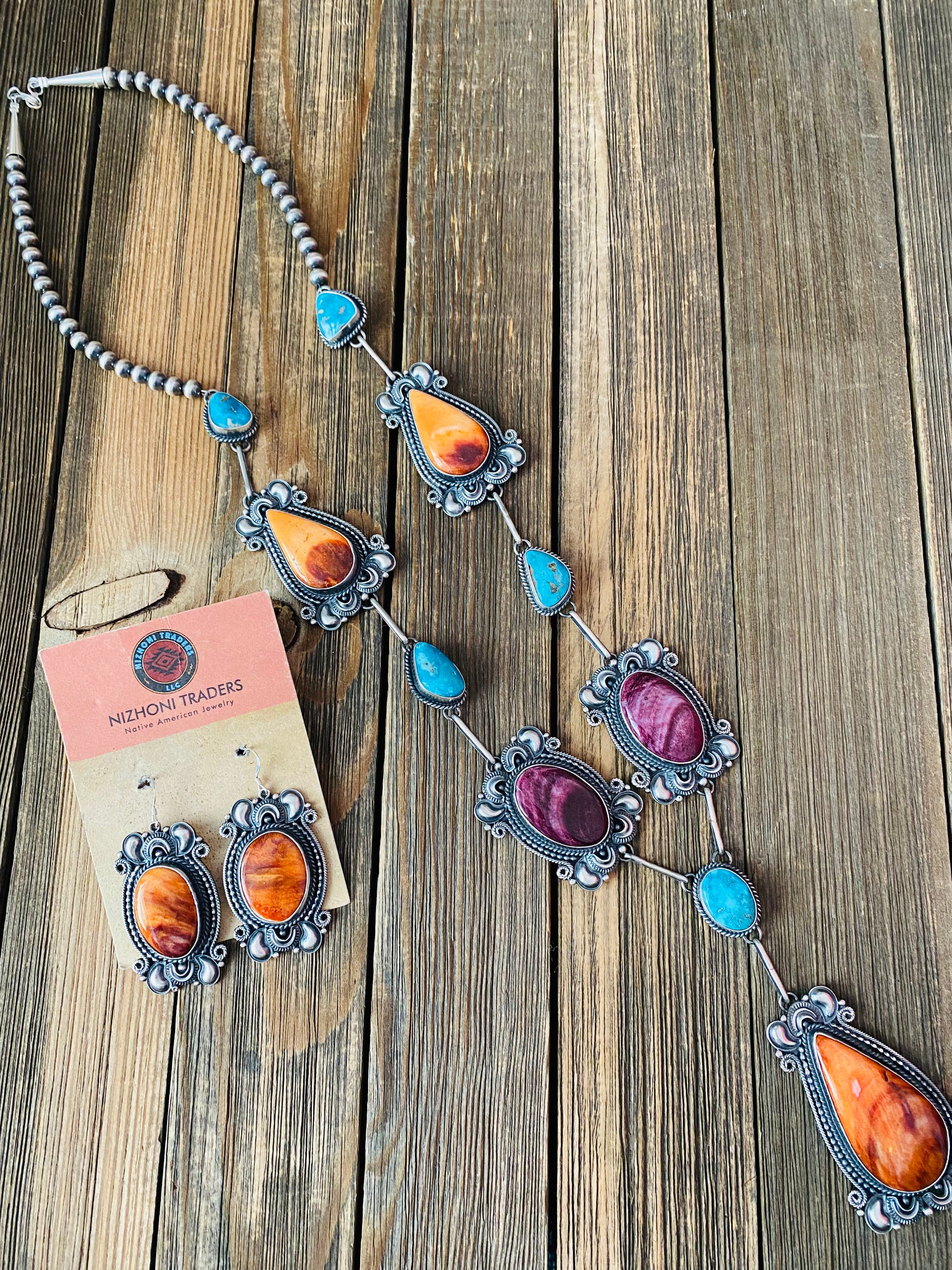 Navajo Spiny, Turquoise & Sterling Silver Necklace & Earring Set by Derrick Gordon