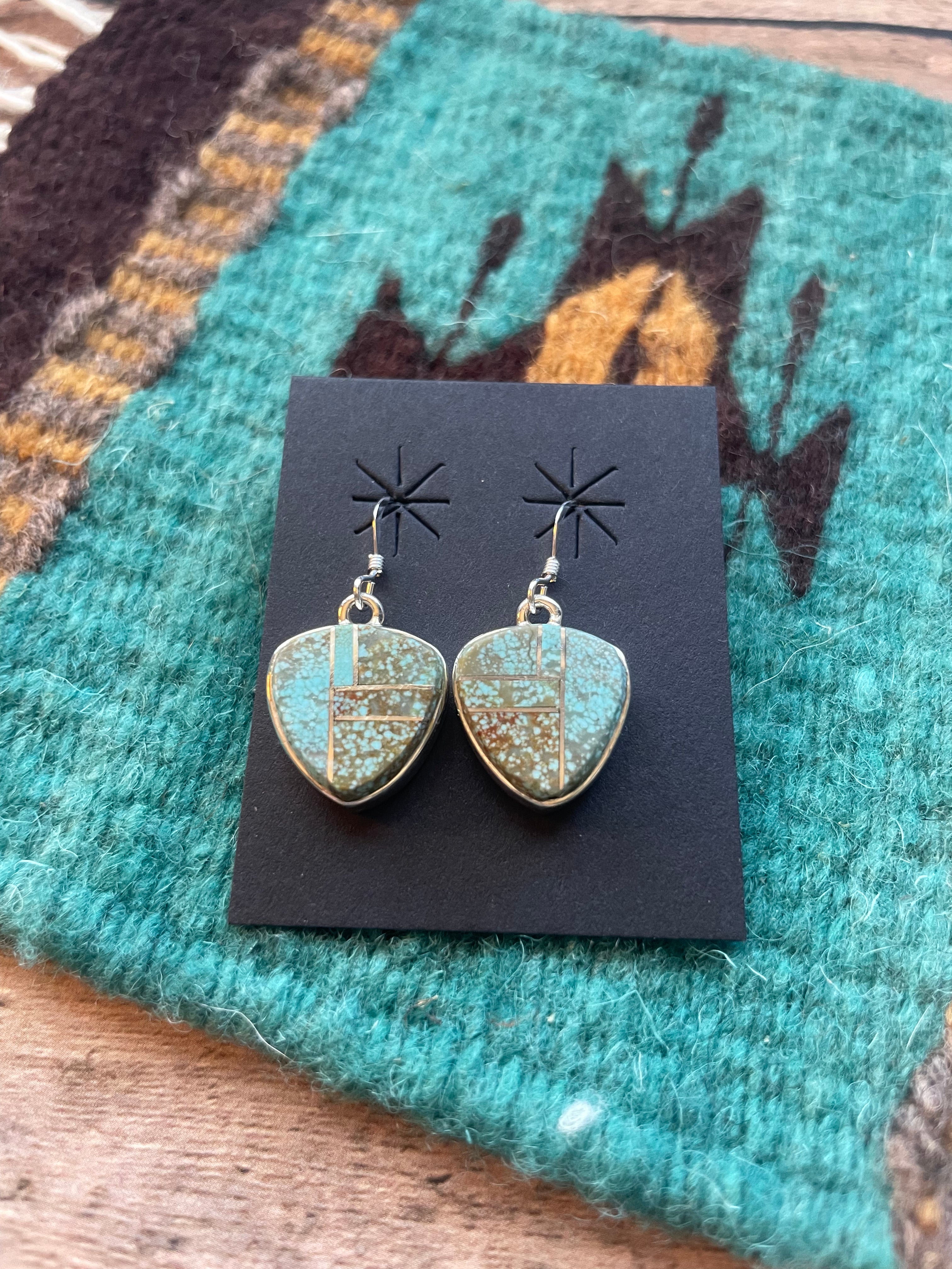 Navajo Number 8 Turquoise & Sterling Silver Inlay Dangle Earrings Signed