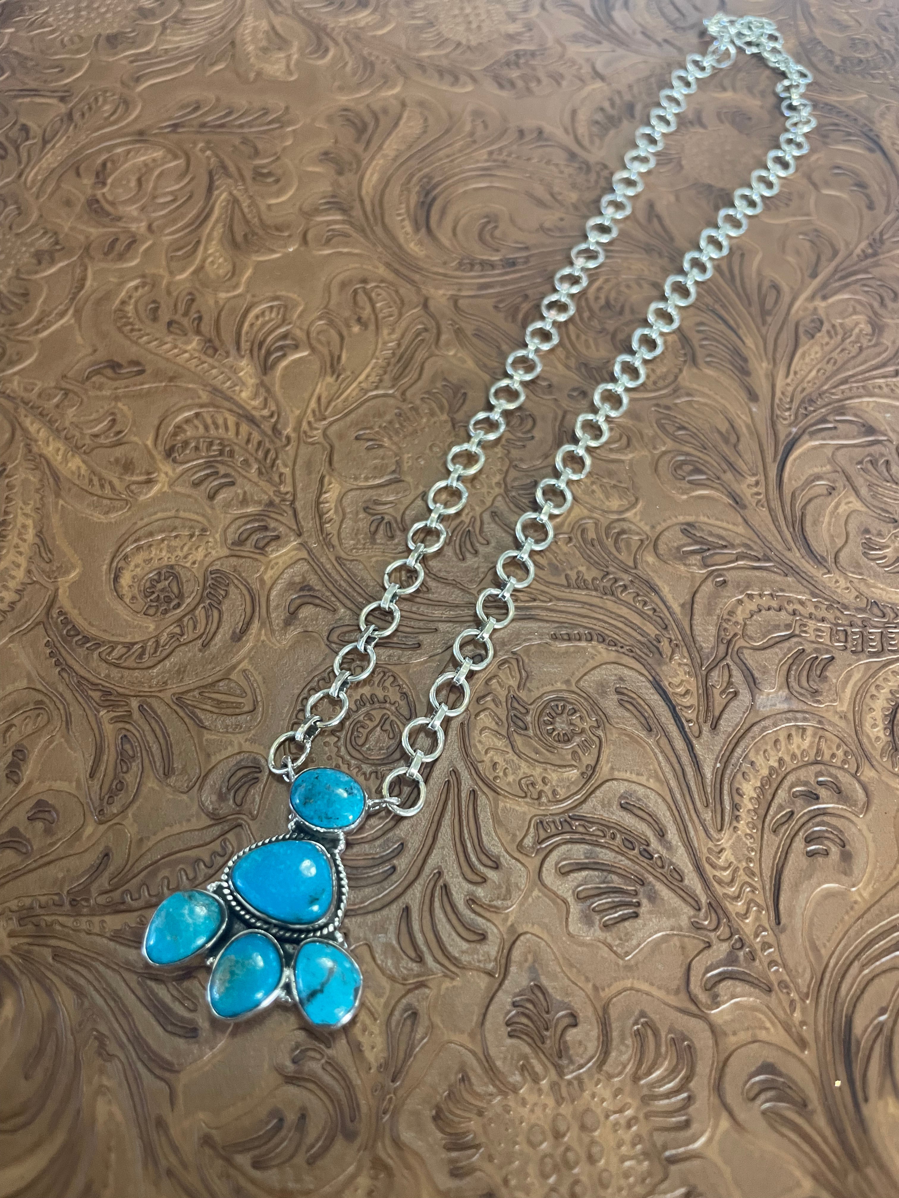 Handmade Sterling Silver & Turquoise Cluster Necklace Signed Nizhoni