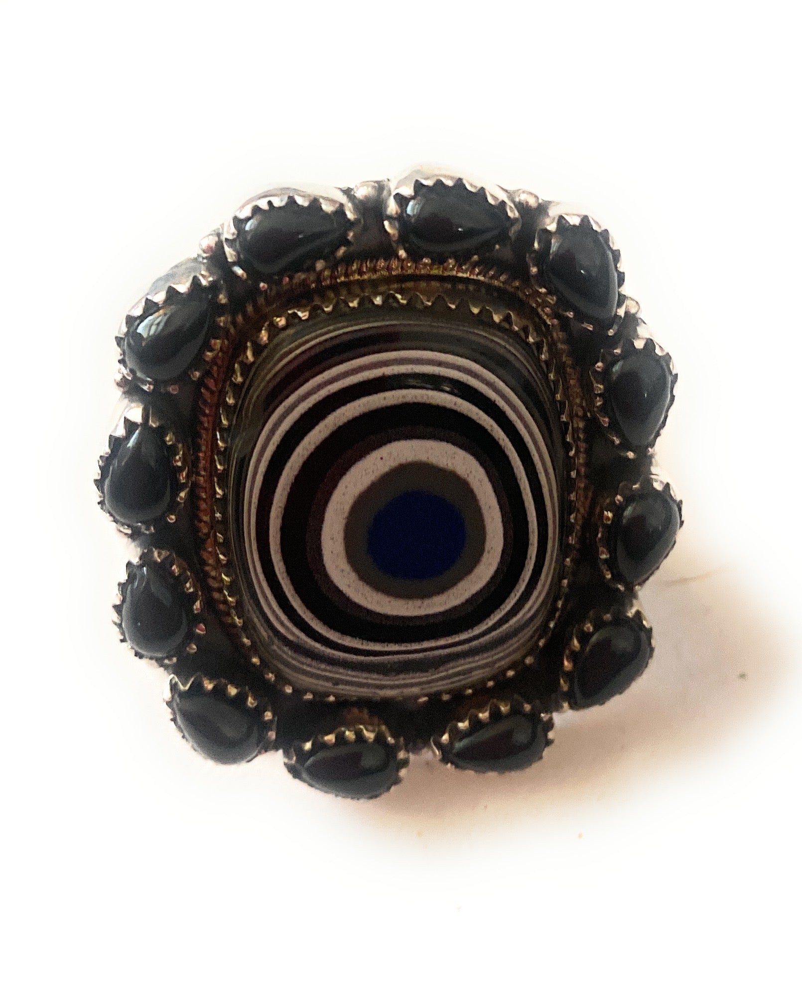 Handmade Sterling Silver, Fordite & Onyx Cluster Adjustable Ring