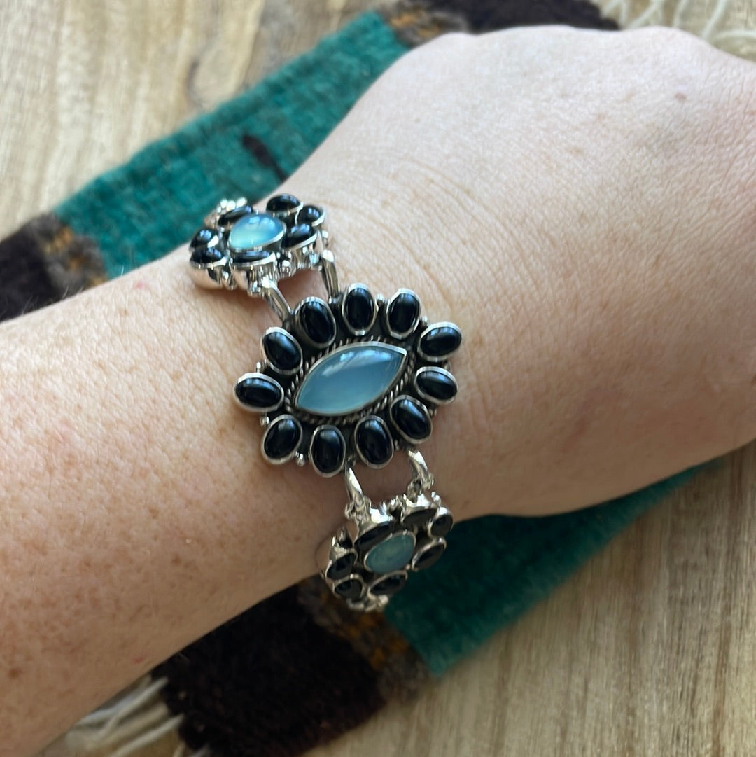 Handmade Sterling Silver, Onyx & Aqua Calcedony Link Bracelet Signed Nizhoni