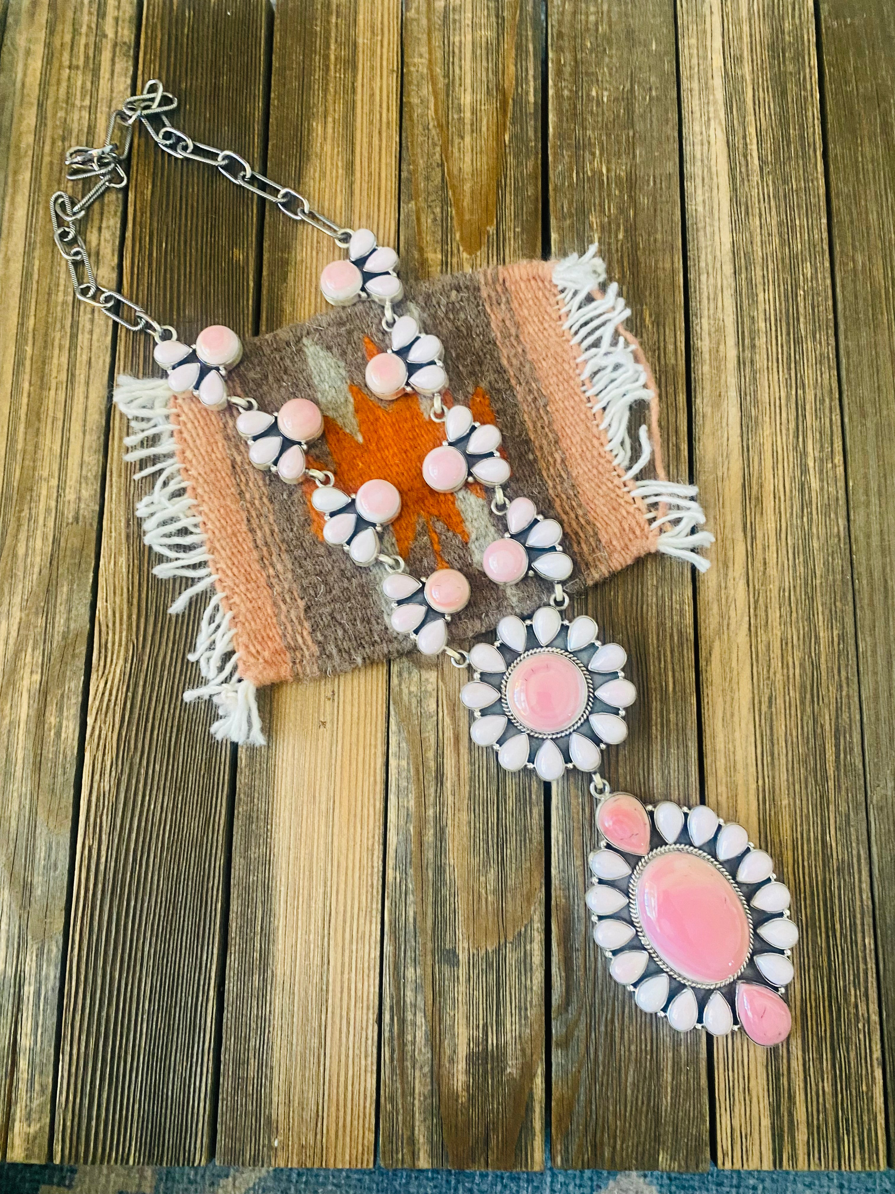 Navajo Queen Pink Conch Shell And Sterling Silver Cluster Necklace