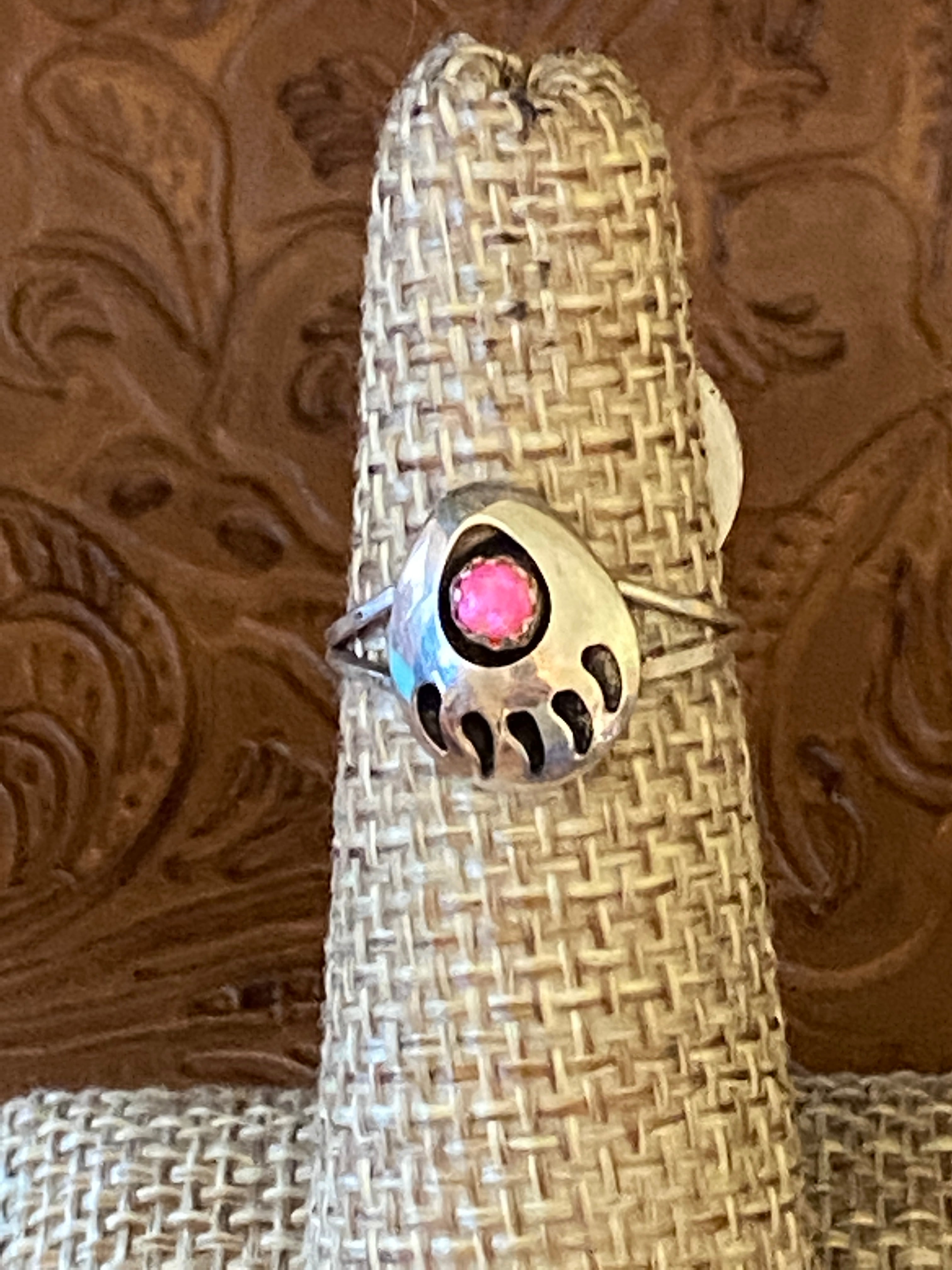 Navajo Sterling Silver Pink Opal Bear Paw Ring