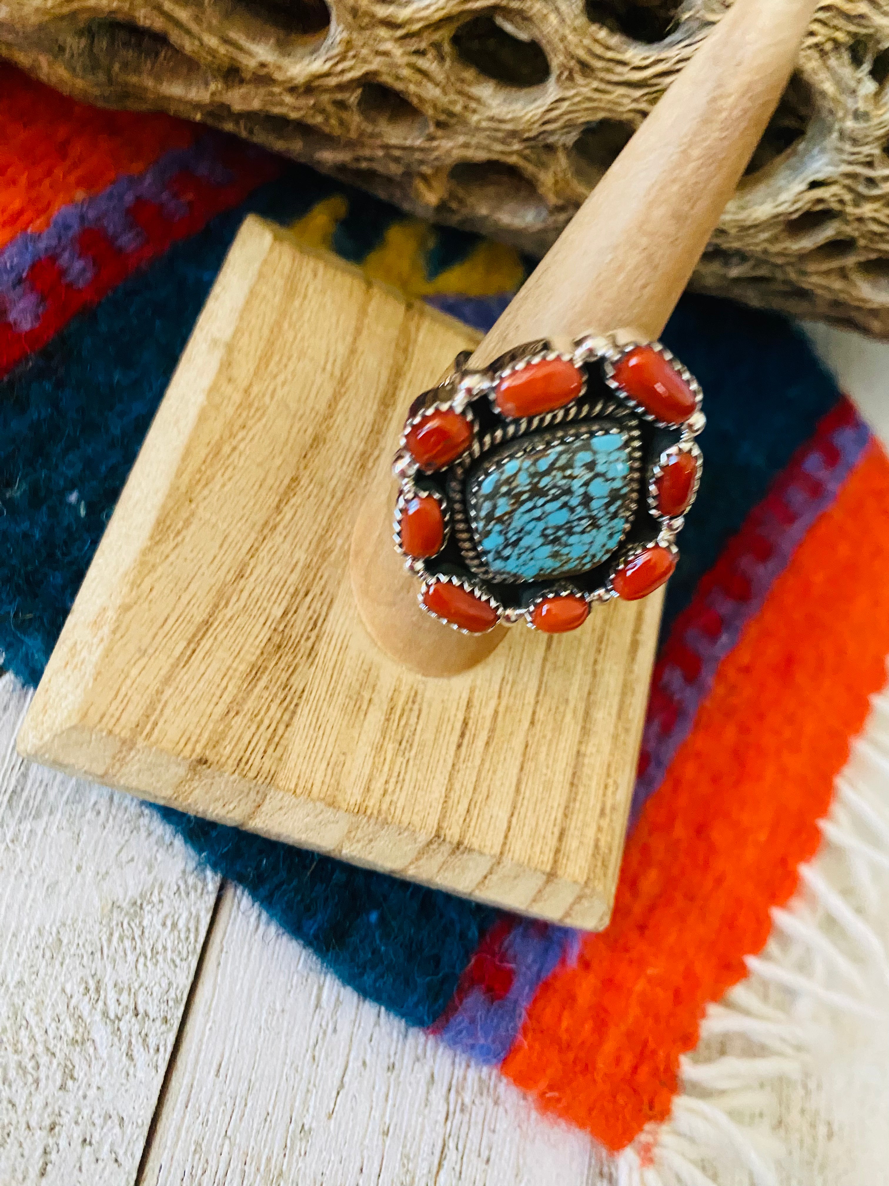 Handmade Sterling Silver, Coral & Number 8 Turquoise Cluster Adjustable Ring