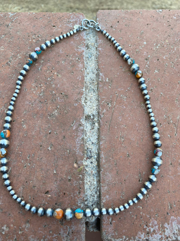 Handcrafted Turquoise & Spiny Spice Sterling Silver Beaded Necklace 18 inch