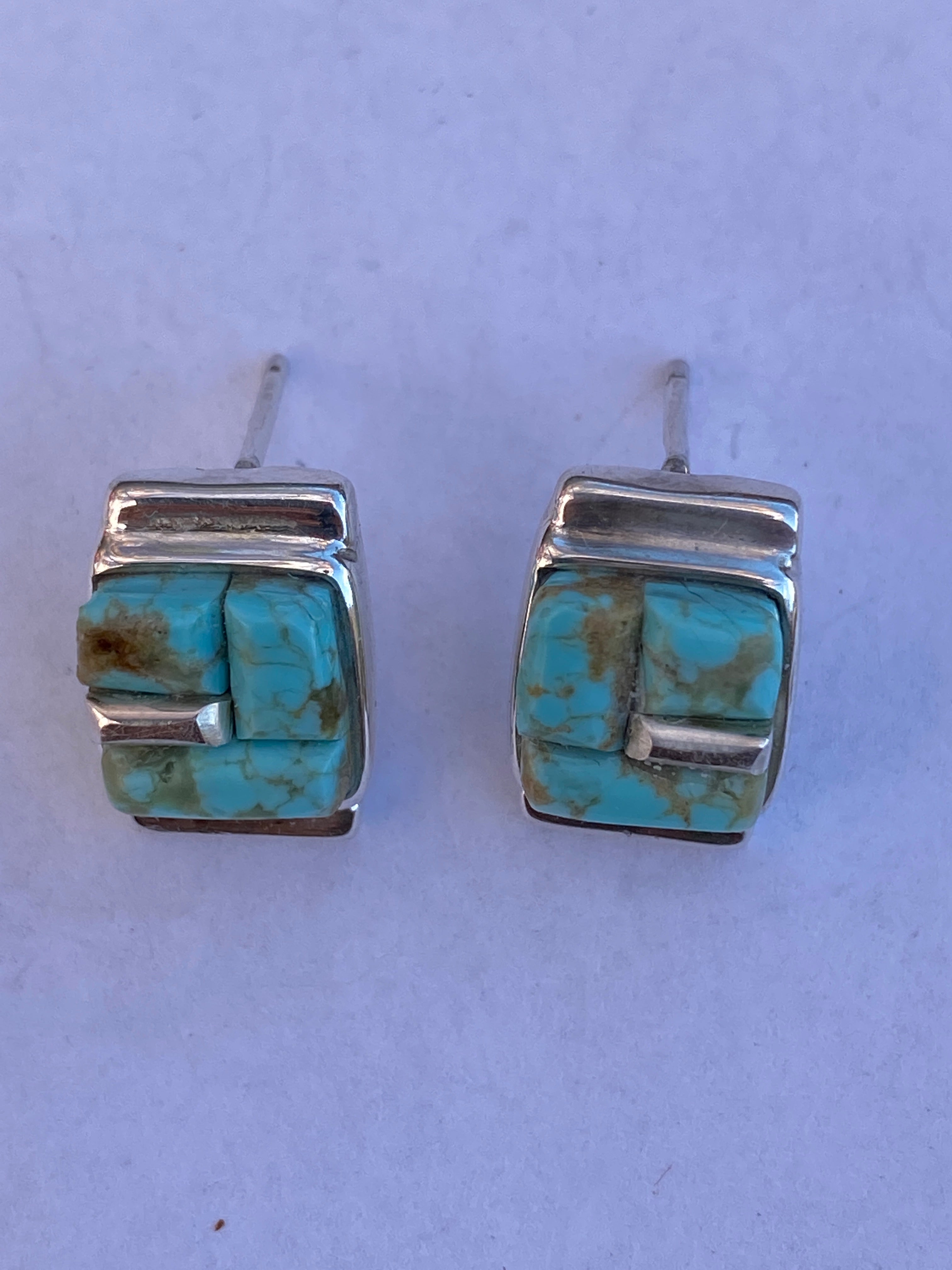 Navajo Turquoise 8 & Sterling Silver Rolled Rectangle Stud Earrings