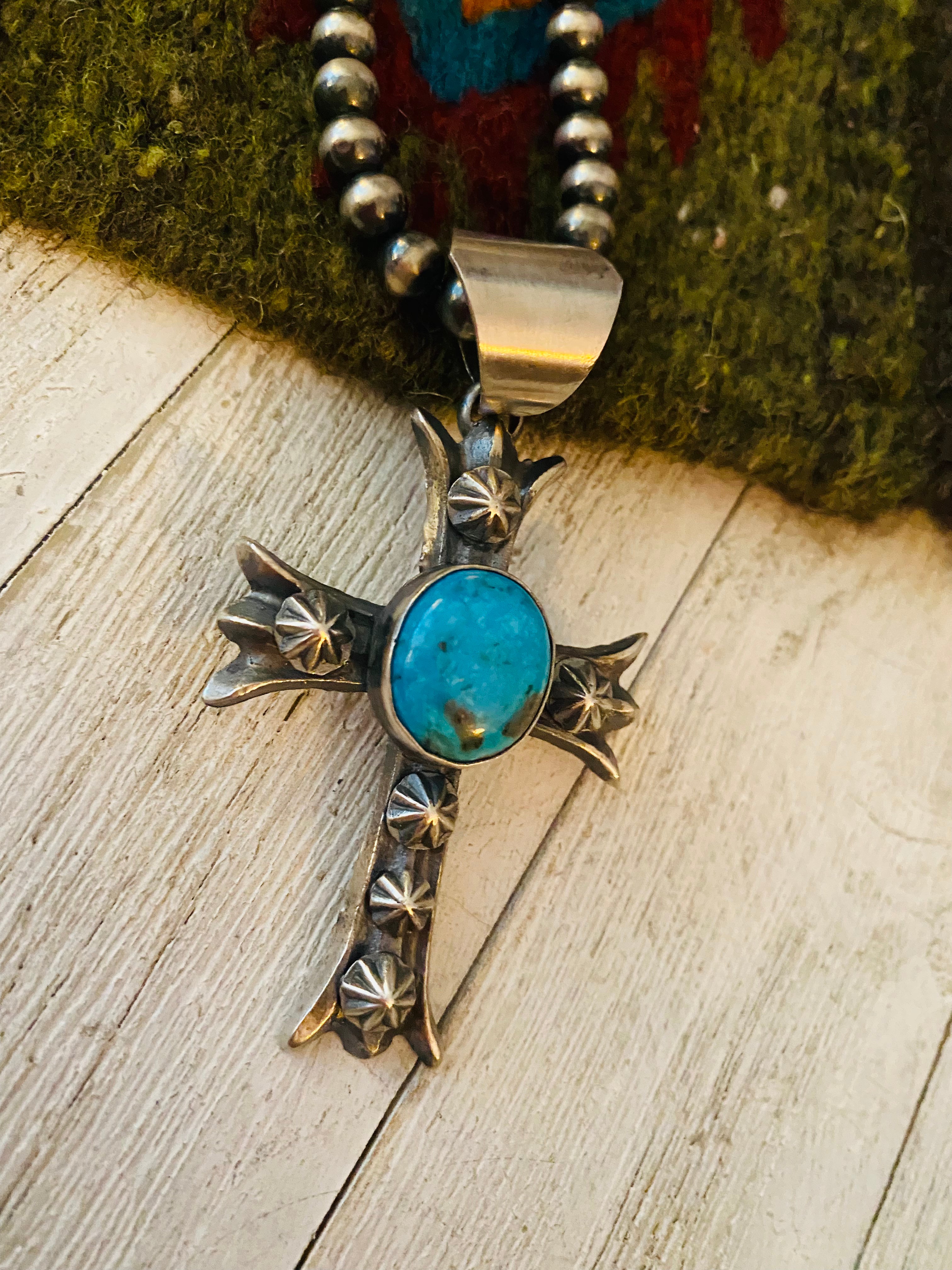 Navajo Sterling Silver & Turquoise Cross Pendant By Chimney Butte