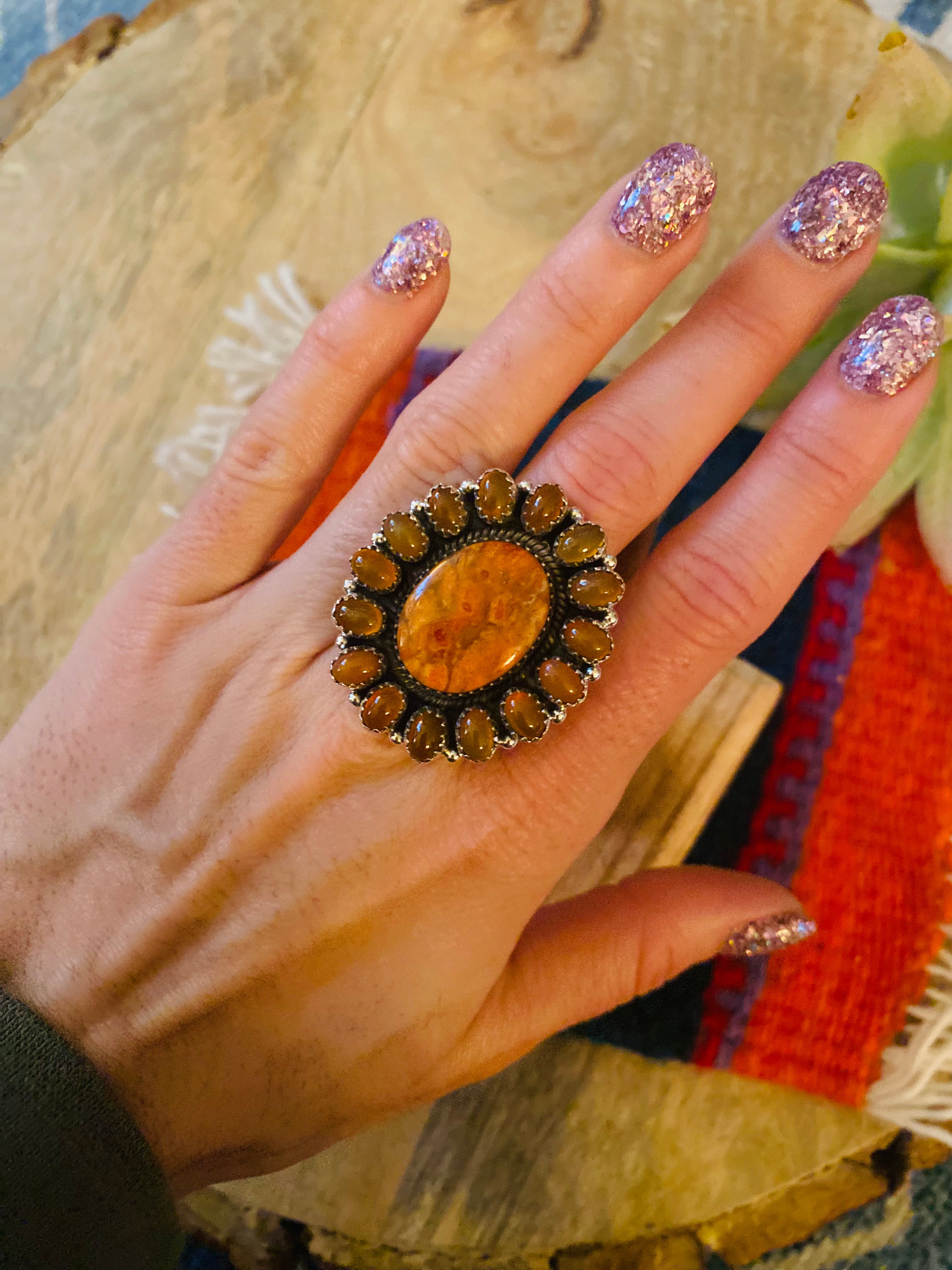 Handmade Sterling Silver, Carnelian & Spiny Mohave Cluster Adjustable Ring