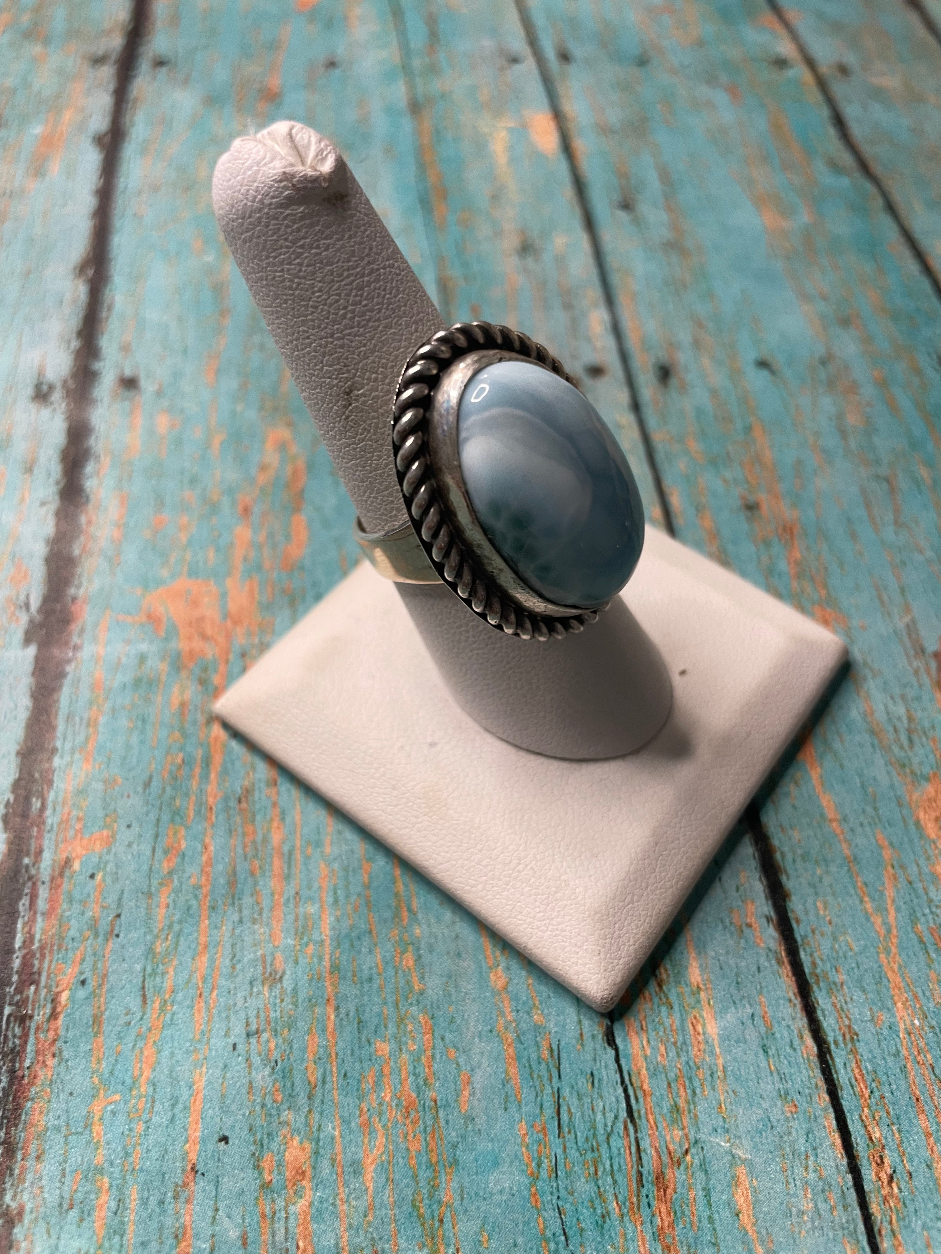 Old Pawn Navajo Sterling Silver & Light Blue Larimer Ring Size 7.5