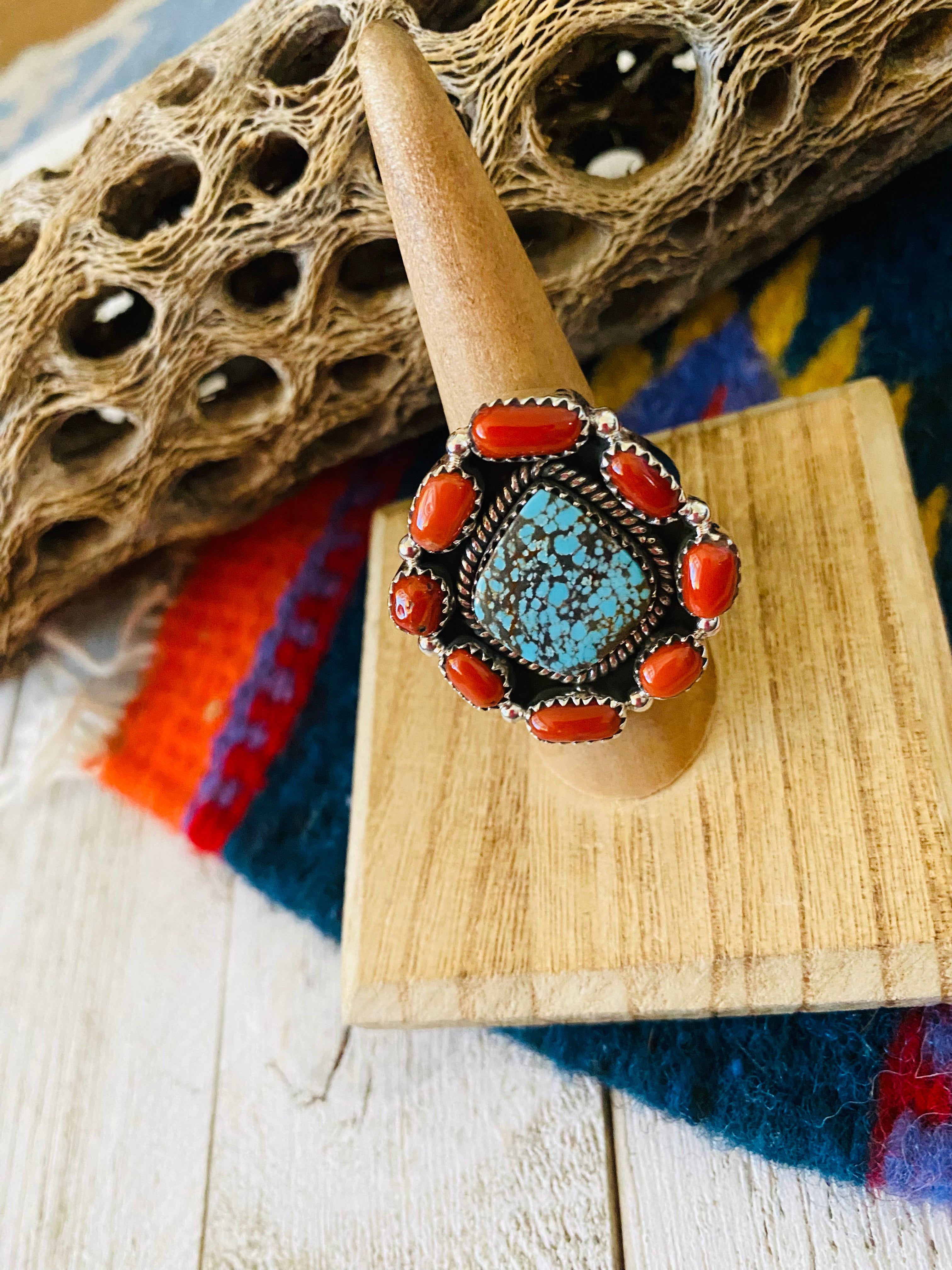 Handmade Sterling Silver, Coral & Number 8 Turquoise Cluster Adjustable Ring