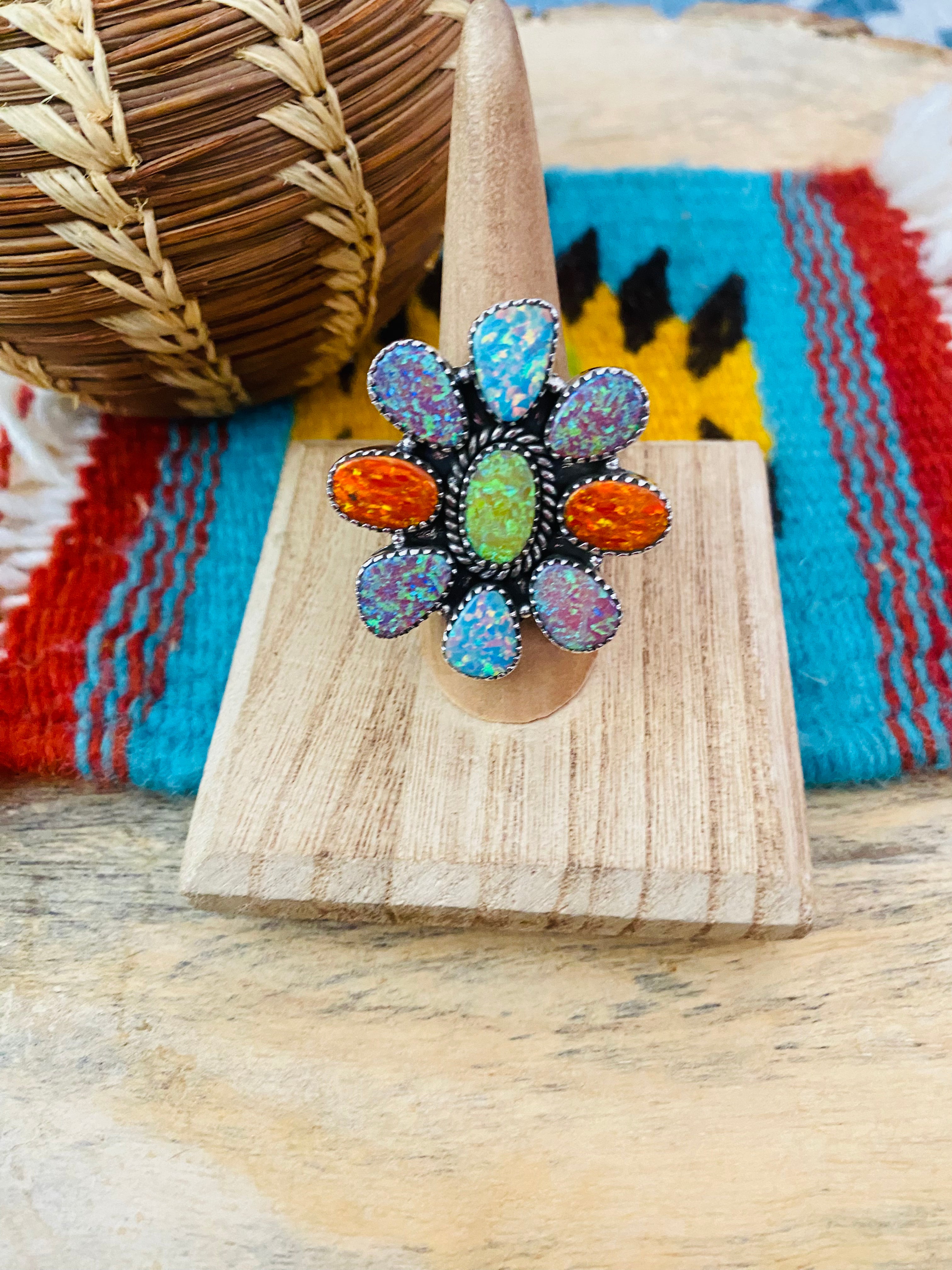 Handmade Sterling Silver & Opal Cluster Adjustable Ring