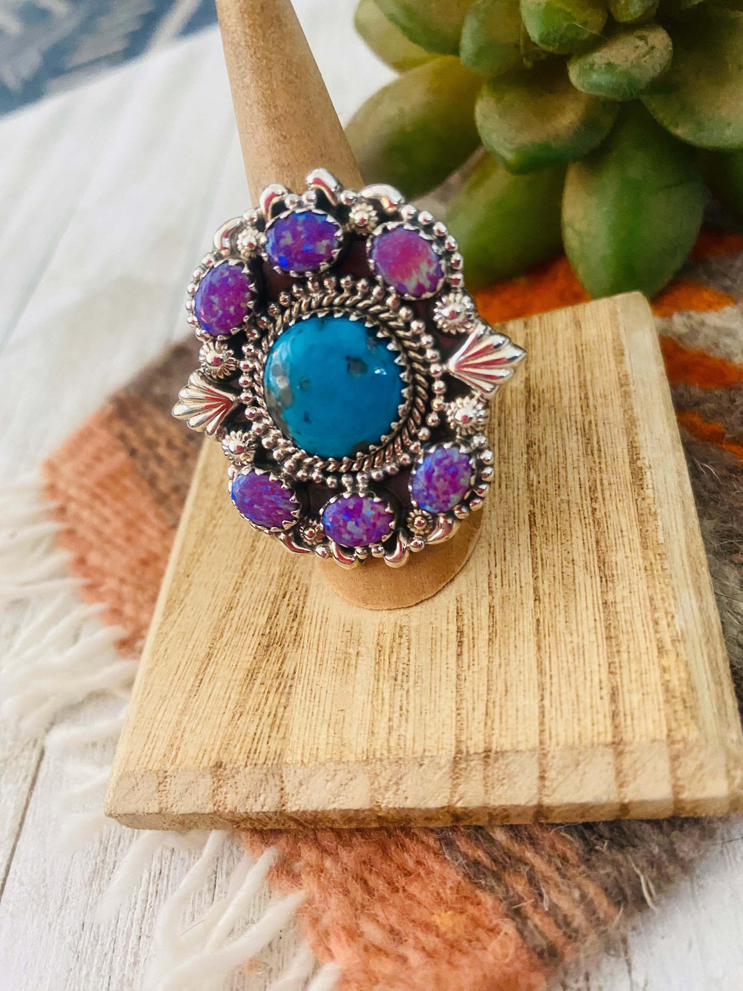 Handmade Sterling Silver, Turquoise & Opal Cluster Adjustable Ring