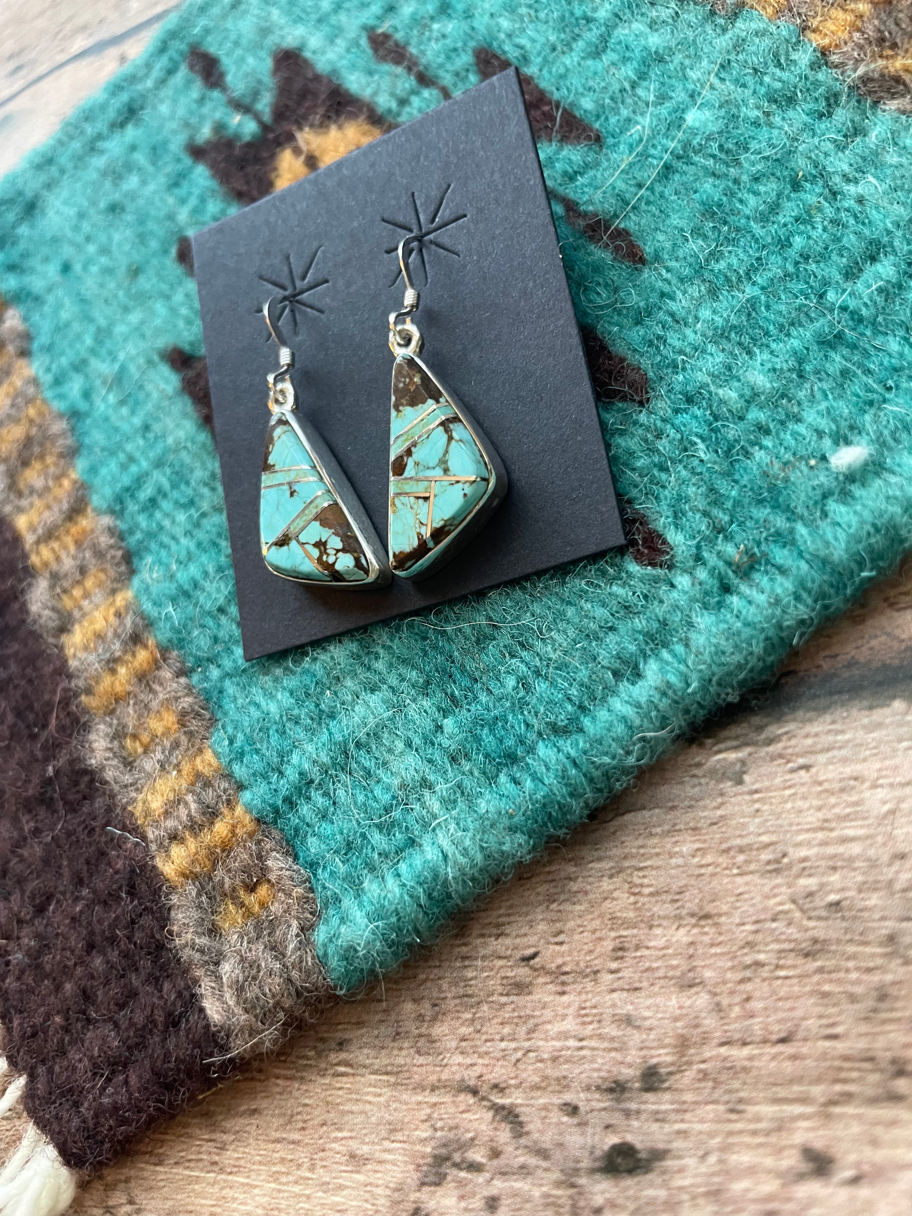 Navajo Number 8 Turquoise Inlay & Sterling Silver Dangle Earrings Signed