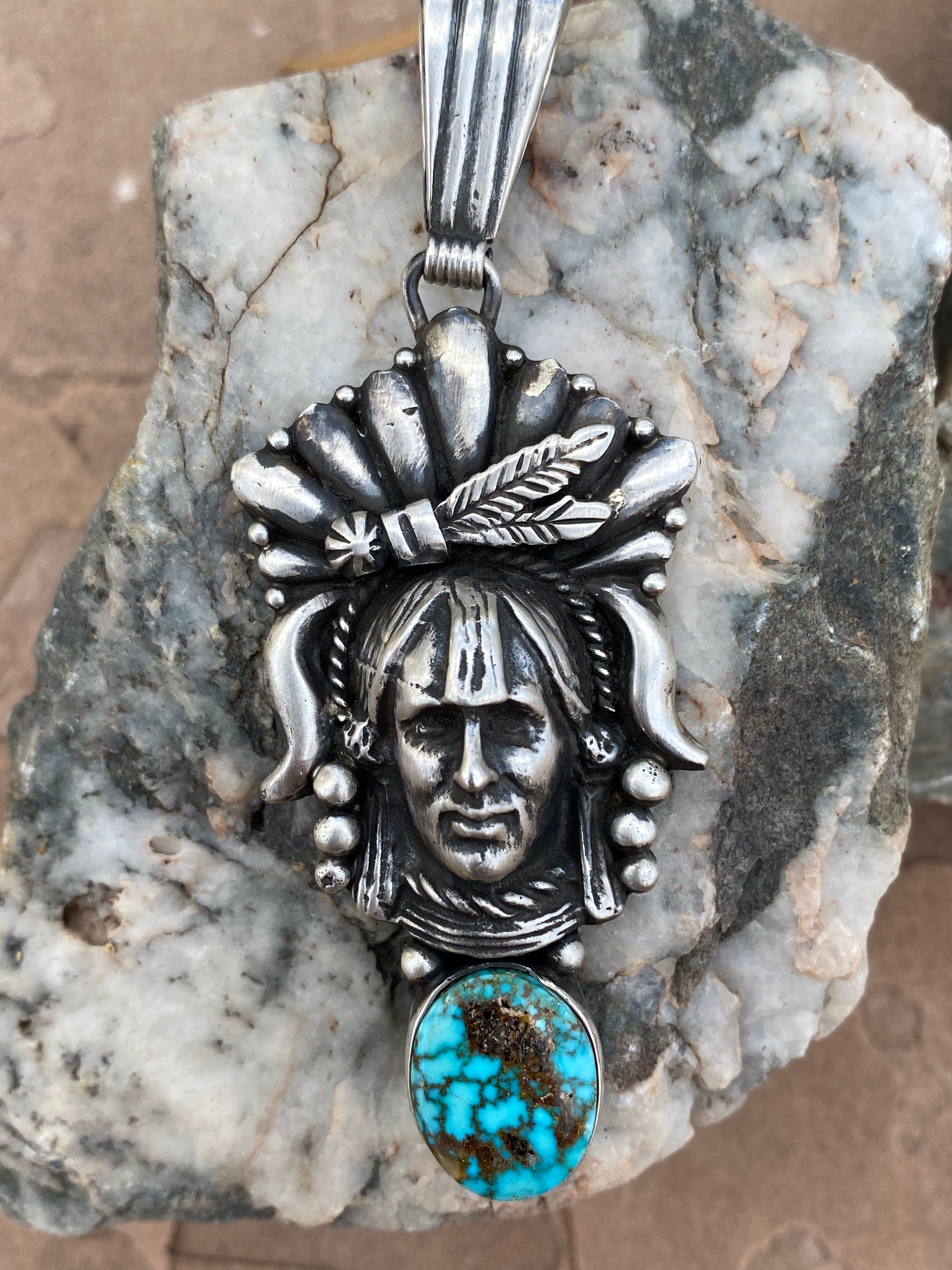 Sterling Silver & Kingman Web Turquoise Indian Chief Pendant