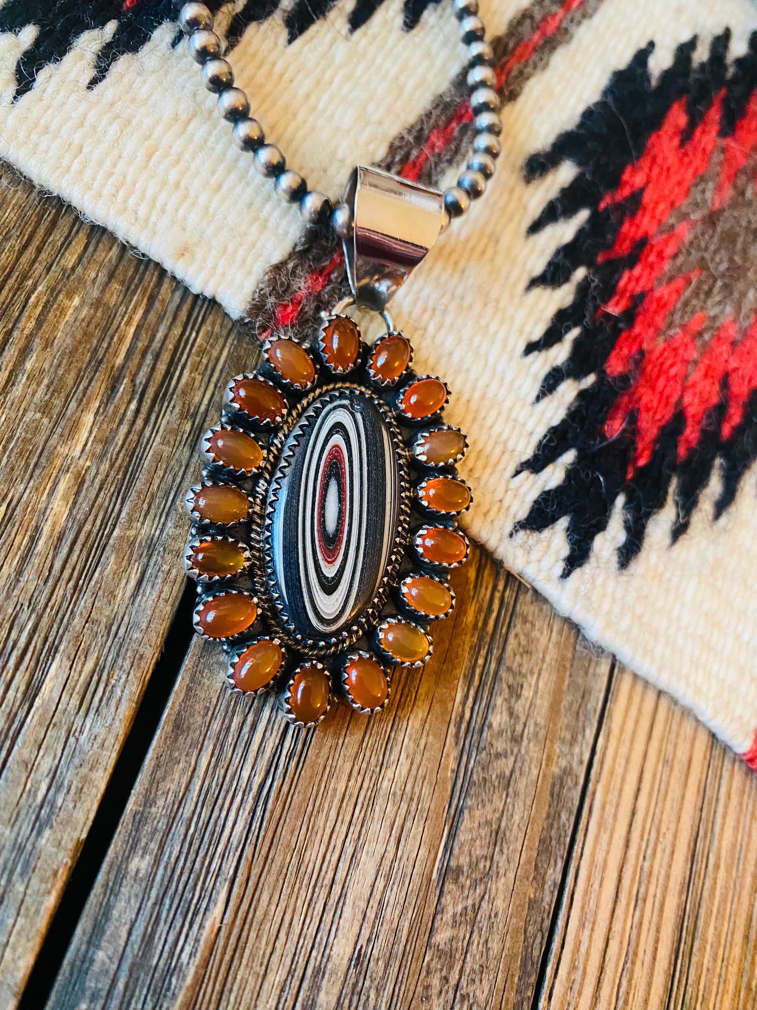 Handmade Sterling Silver, Fordite & Garnet Cluster Pendant