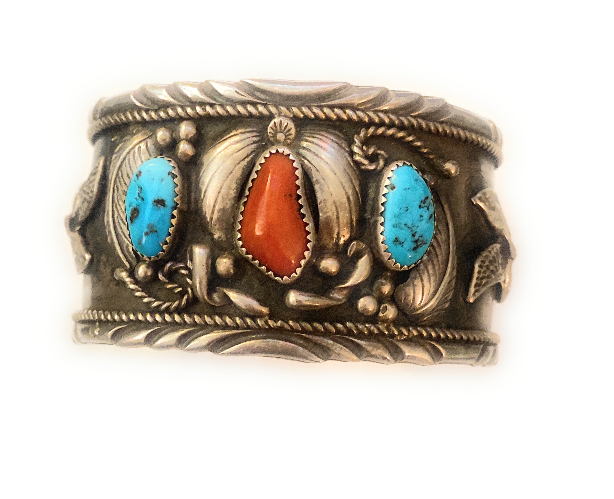 Navajo Old Pawn Vintage Turquoise, Coral & Sterling Silver Cuff Bracelet