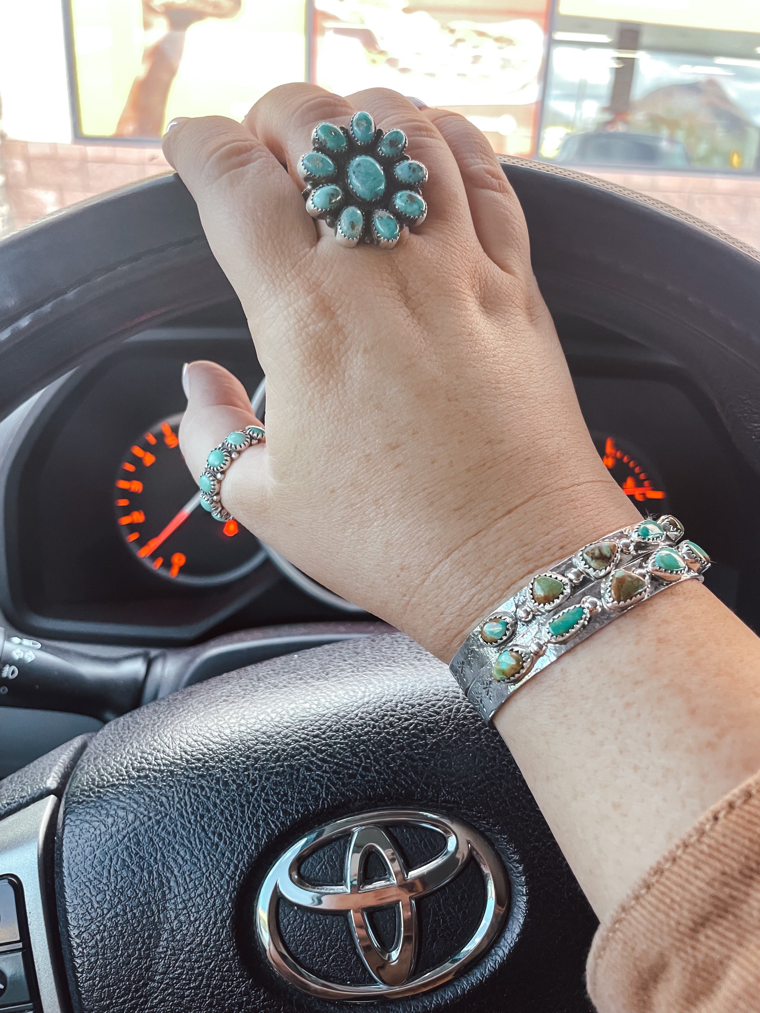 Navajo Sterling Silver & Turquoise Adjustable Flower Ring Signed