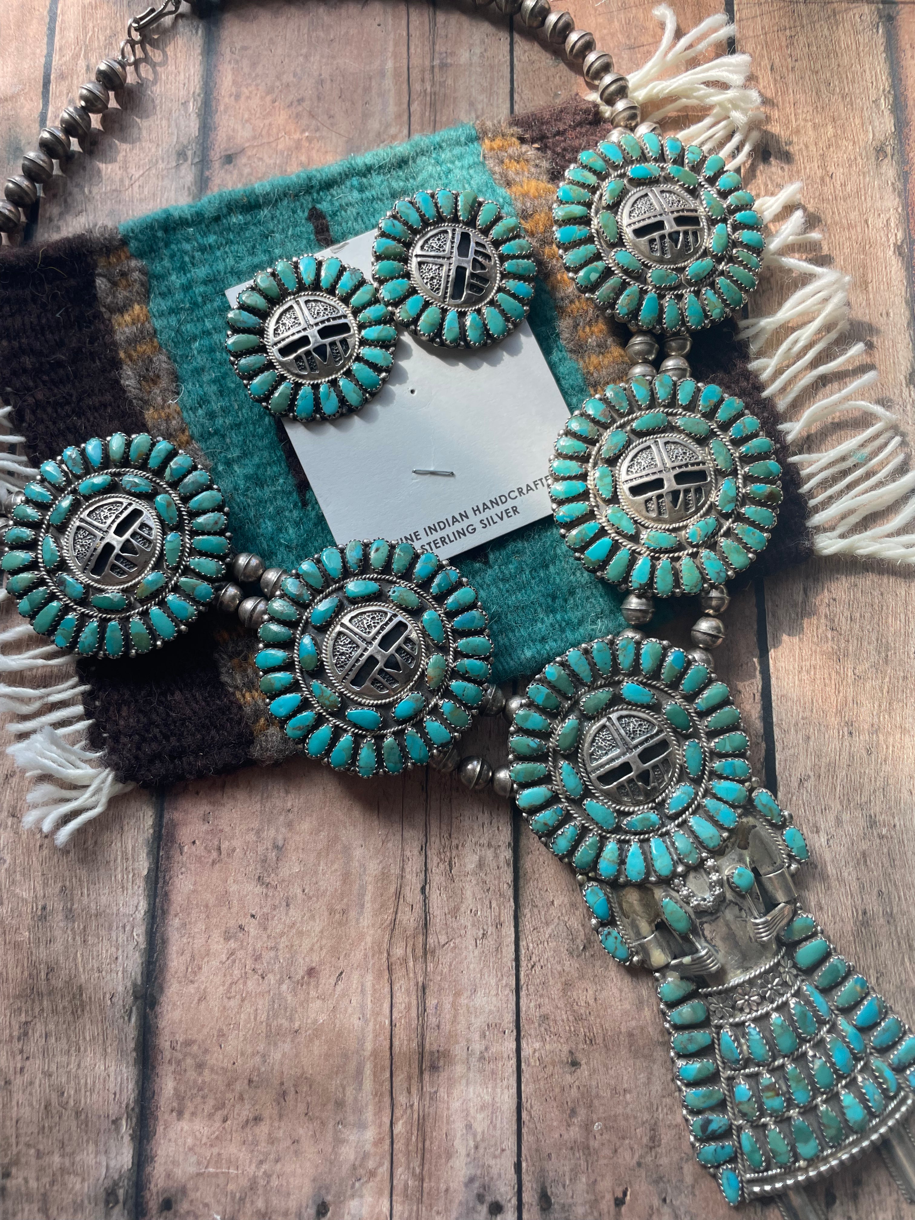 Vintage Navajo Sterling Silver And Turquoise Kachina Squash Blossom Necklace Earrings Set Signed