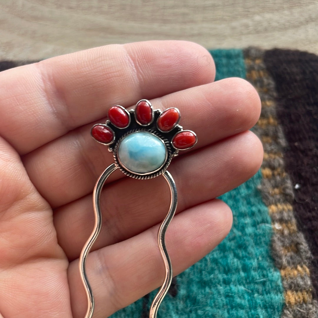 Handmade Coral & Larimar Sterling Silver Hair Pin Signed Nizhoni