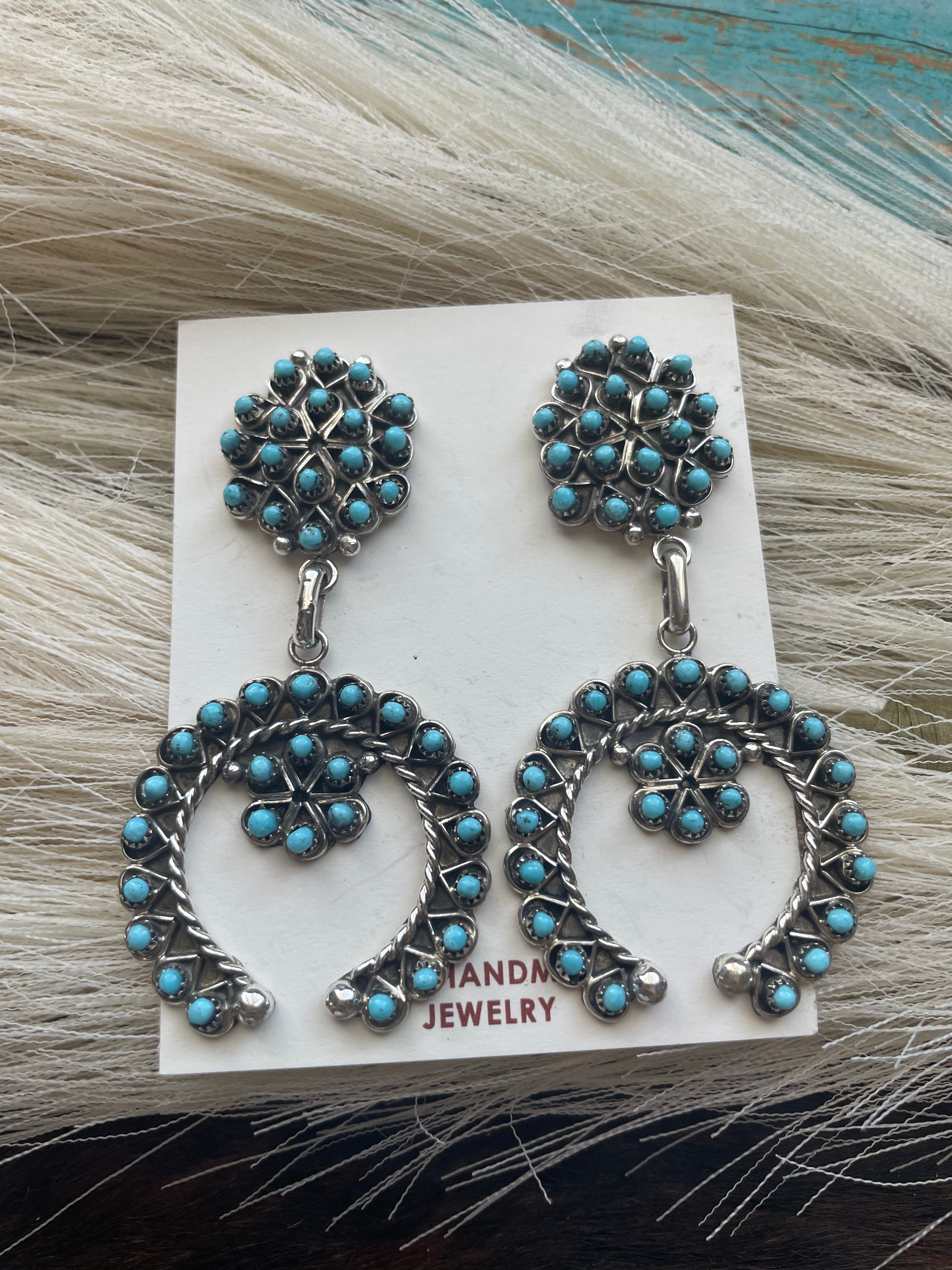 Zuni Turquoise And Sterling Silver Naja Dangle Earrings