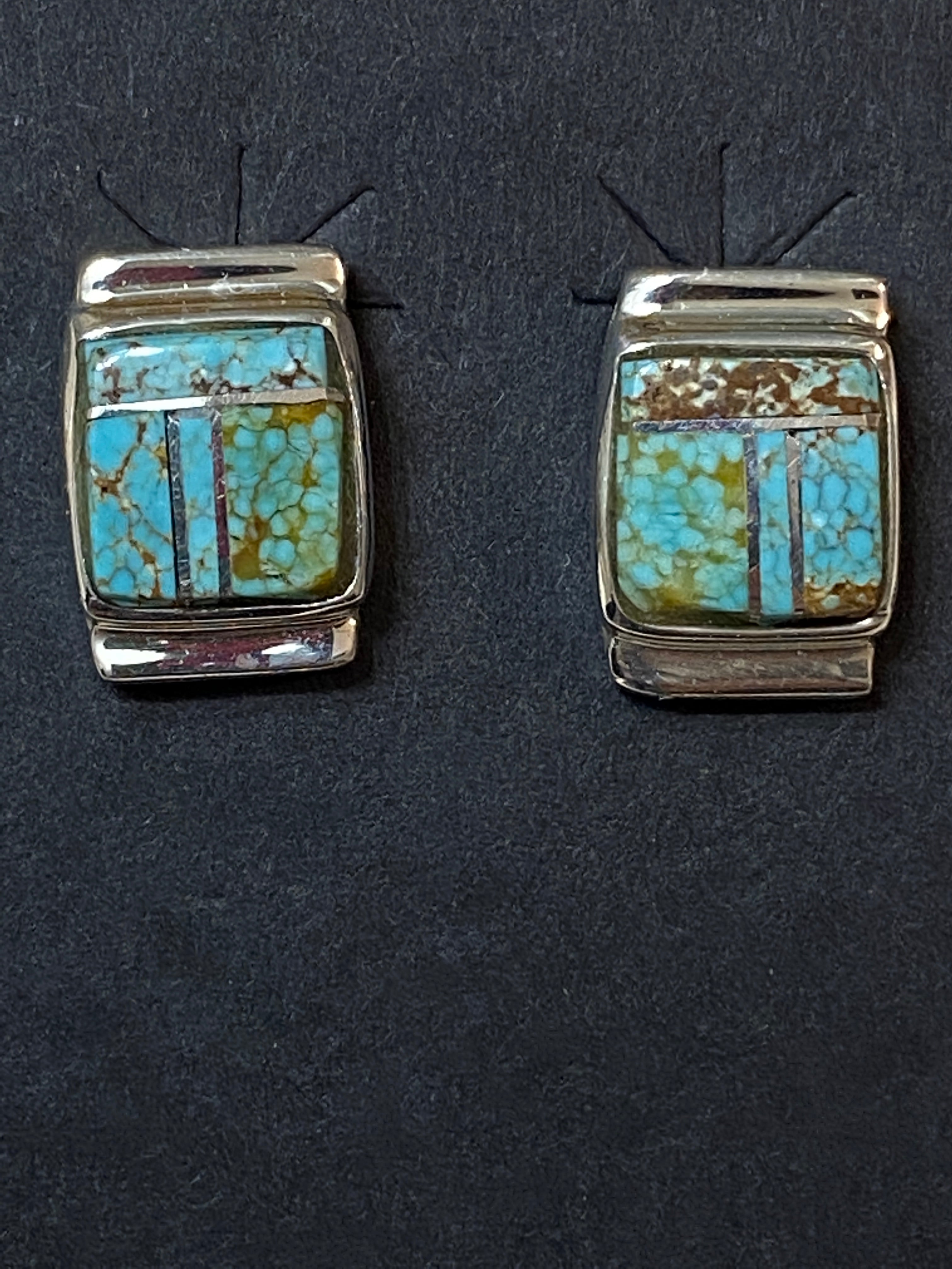 Navajo Turquoise 8 more matrix & Sterling Silver Rectangle Inlay Stud Earrings