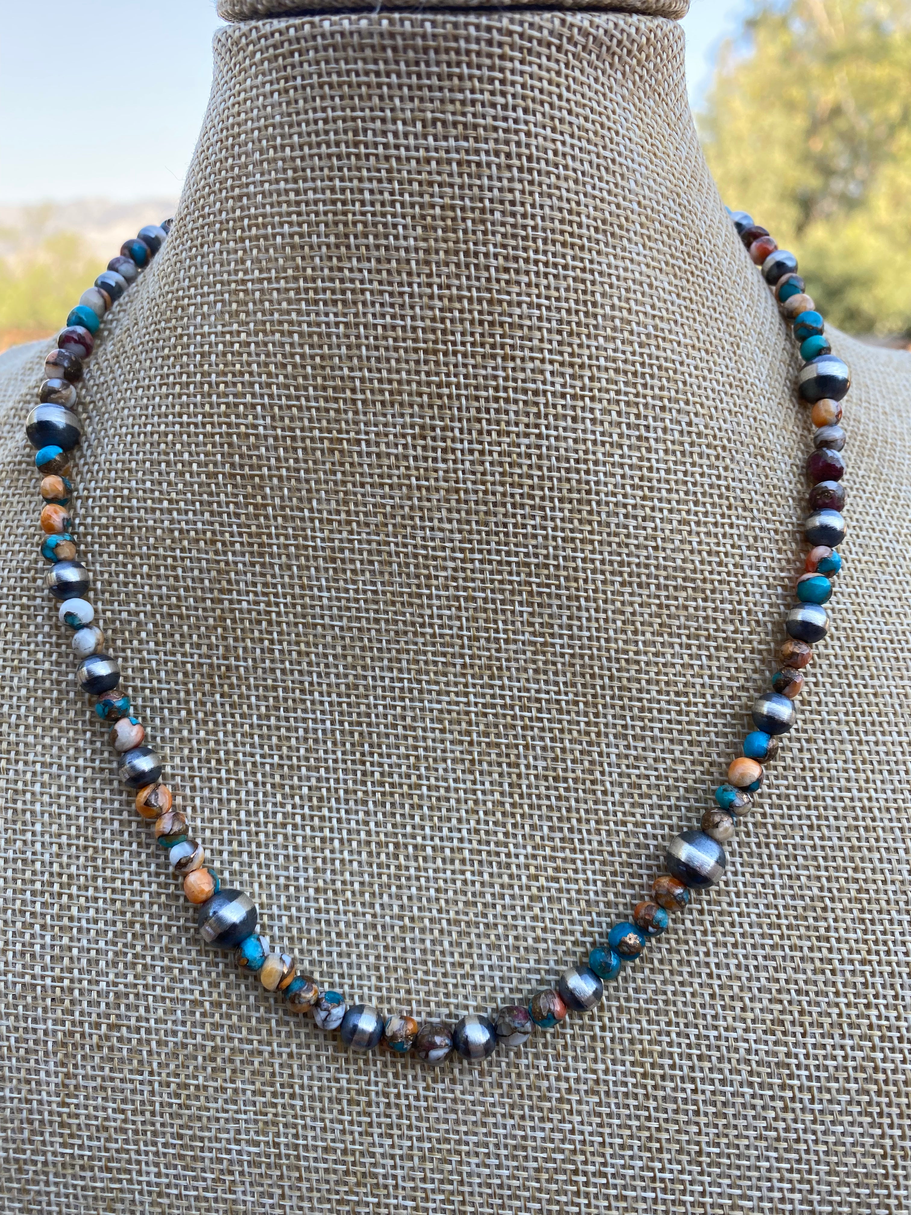 Navajo Turquoise & Spiny Spice Sterling Silver Beaded Necklace 18 inch