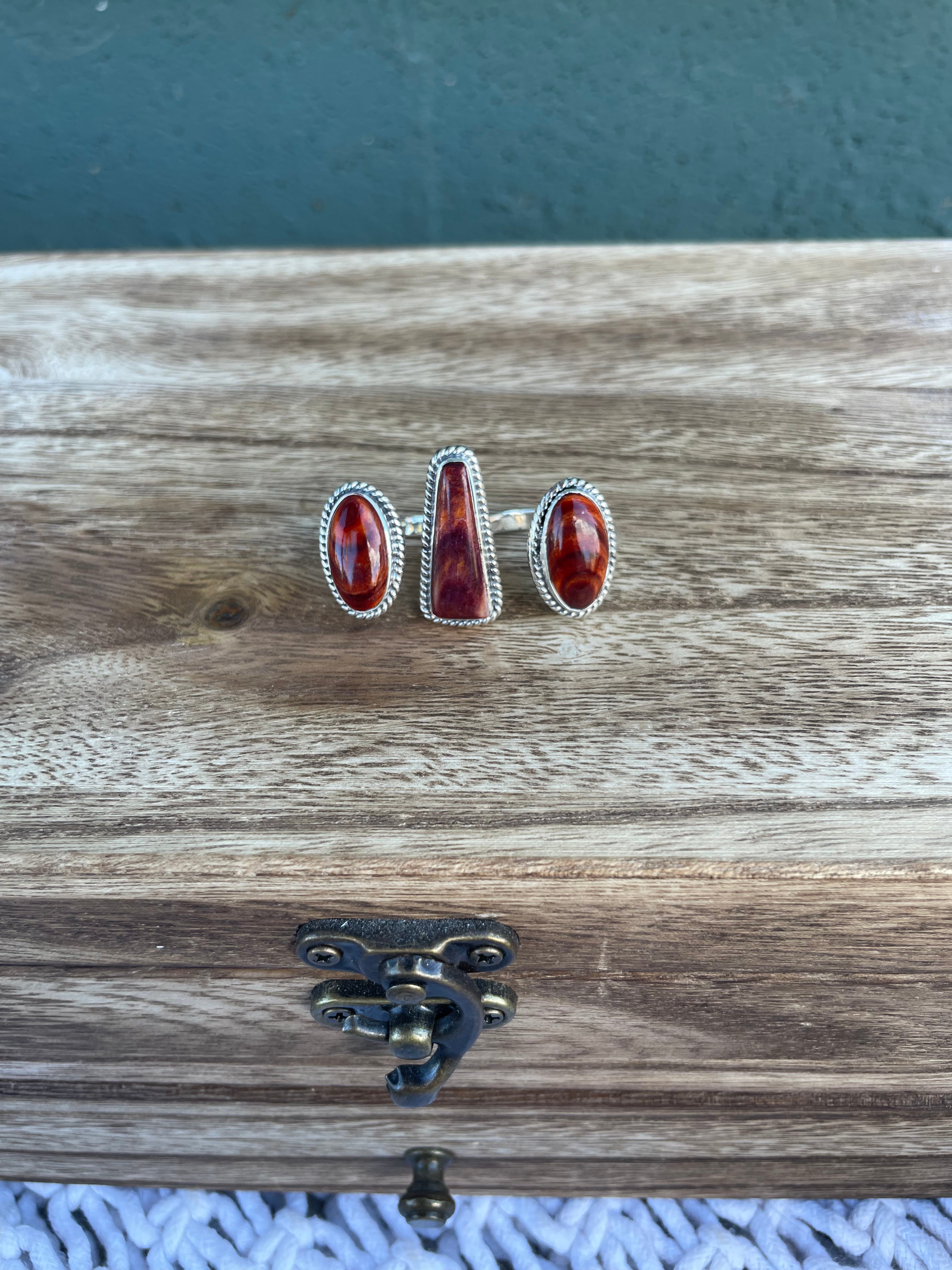 Navajo Sterling Silver And Dark Orange Spiny Adjustable Triple Threat Knuckler Ring