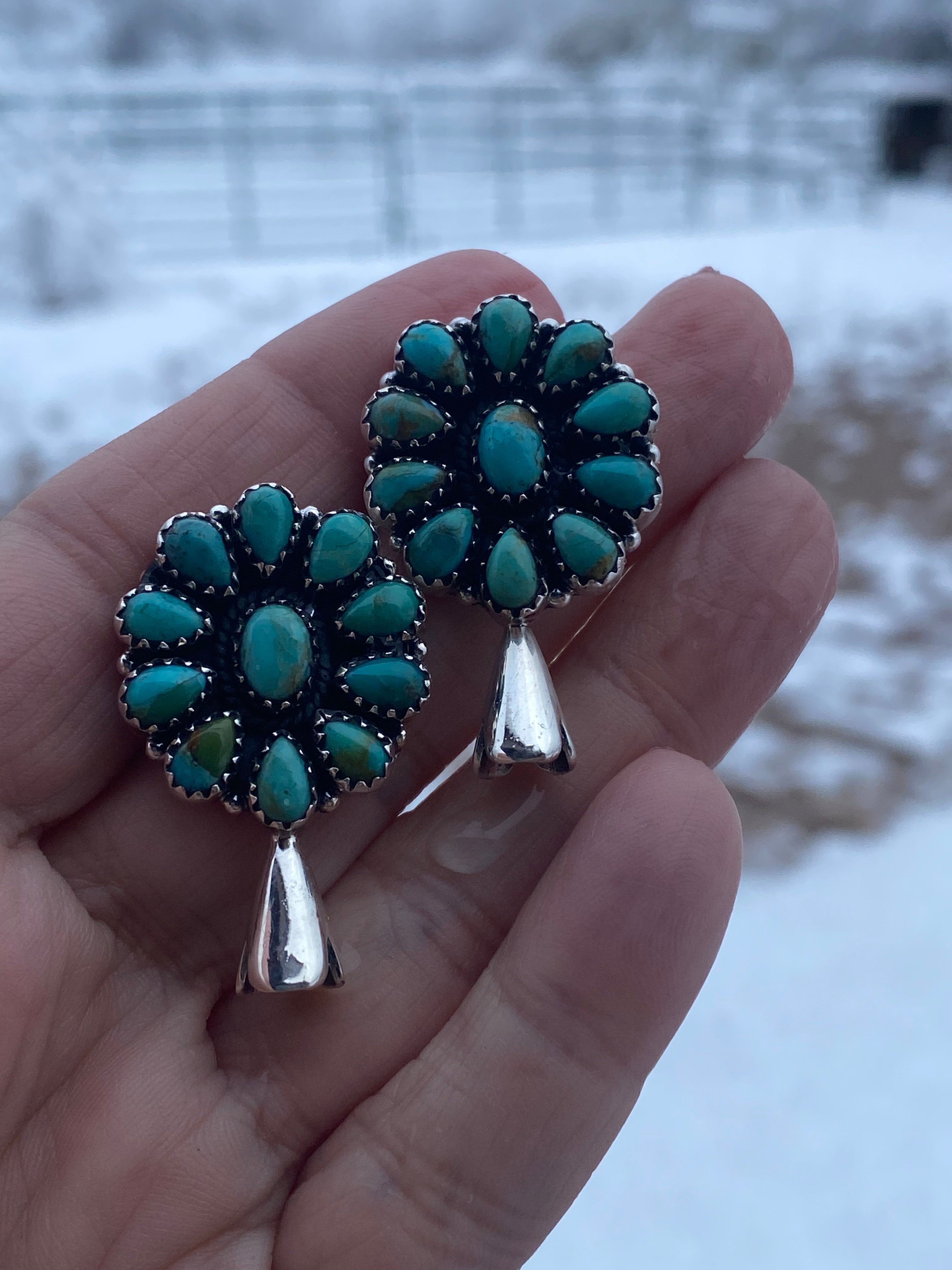 Handmade Sterling Silver & Turquoise Squash Blossom Earrings