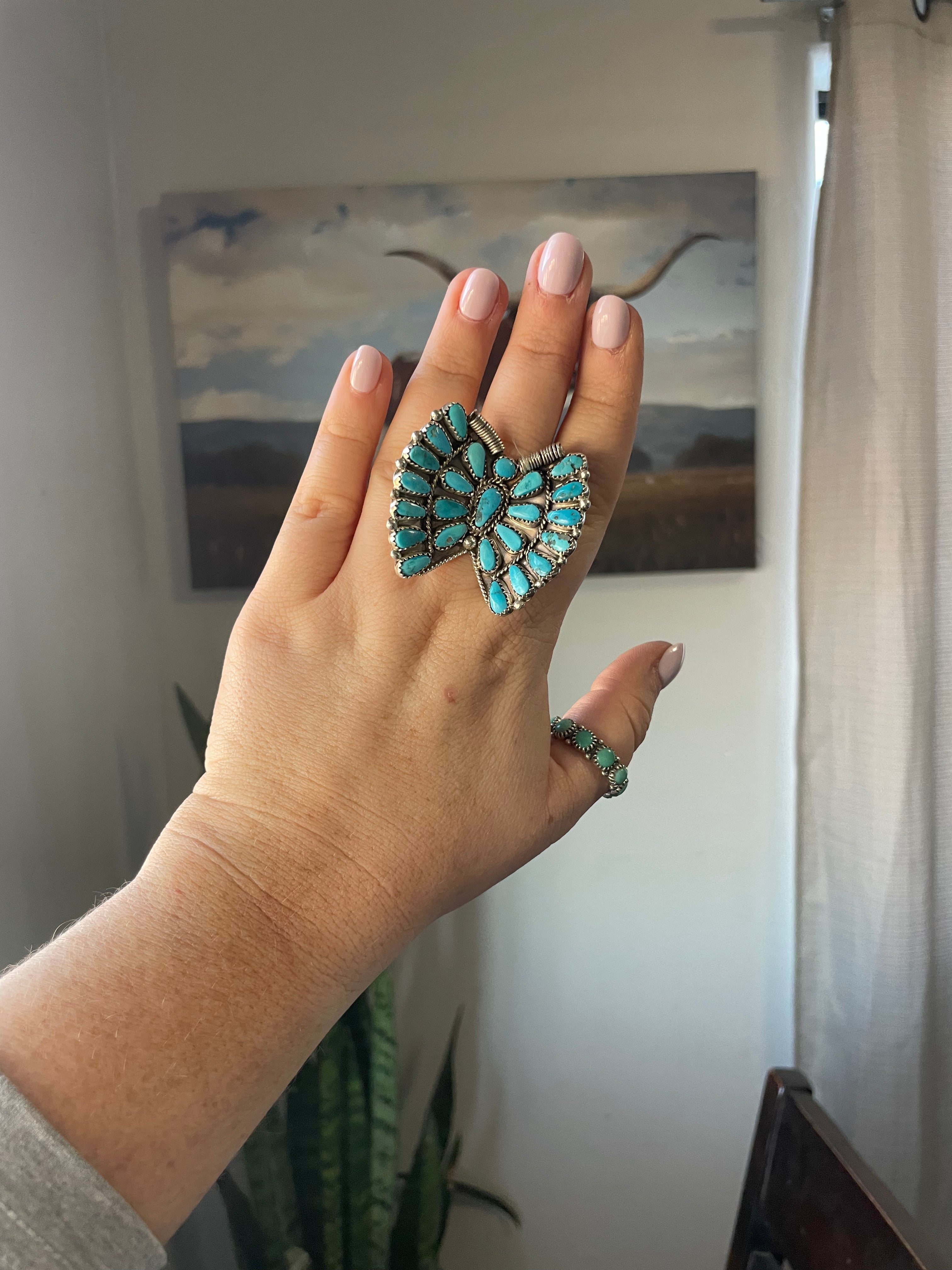 Navajo Kingman Turquoise Sterling SilverAdjustable Butterfly Ring Signed