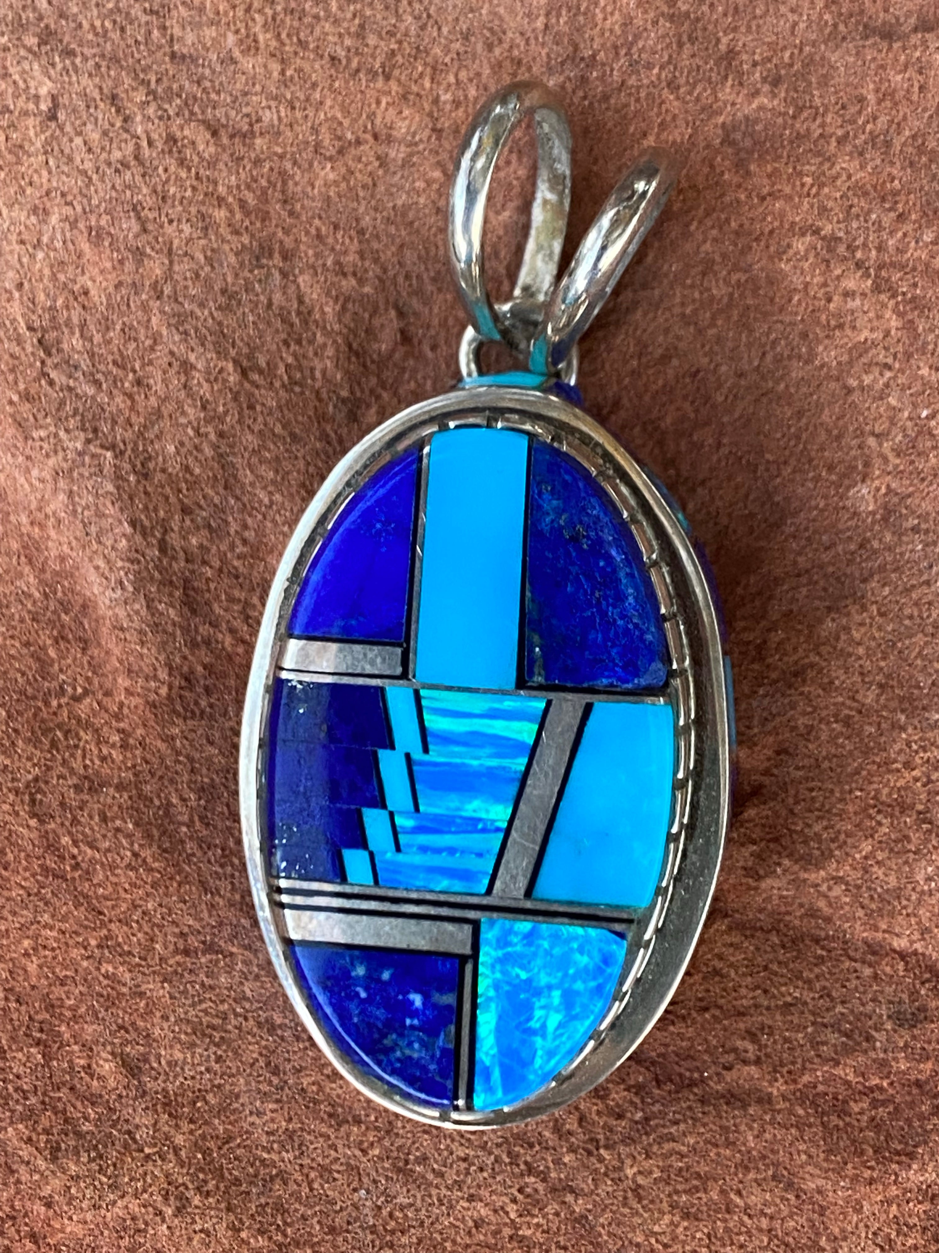 Navajo Lapis, Turquoise, Blue Opal Oval Pendant