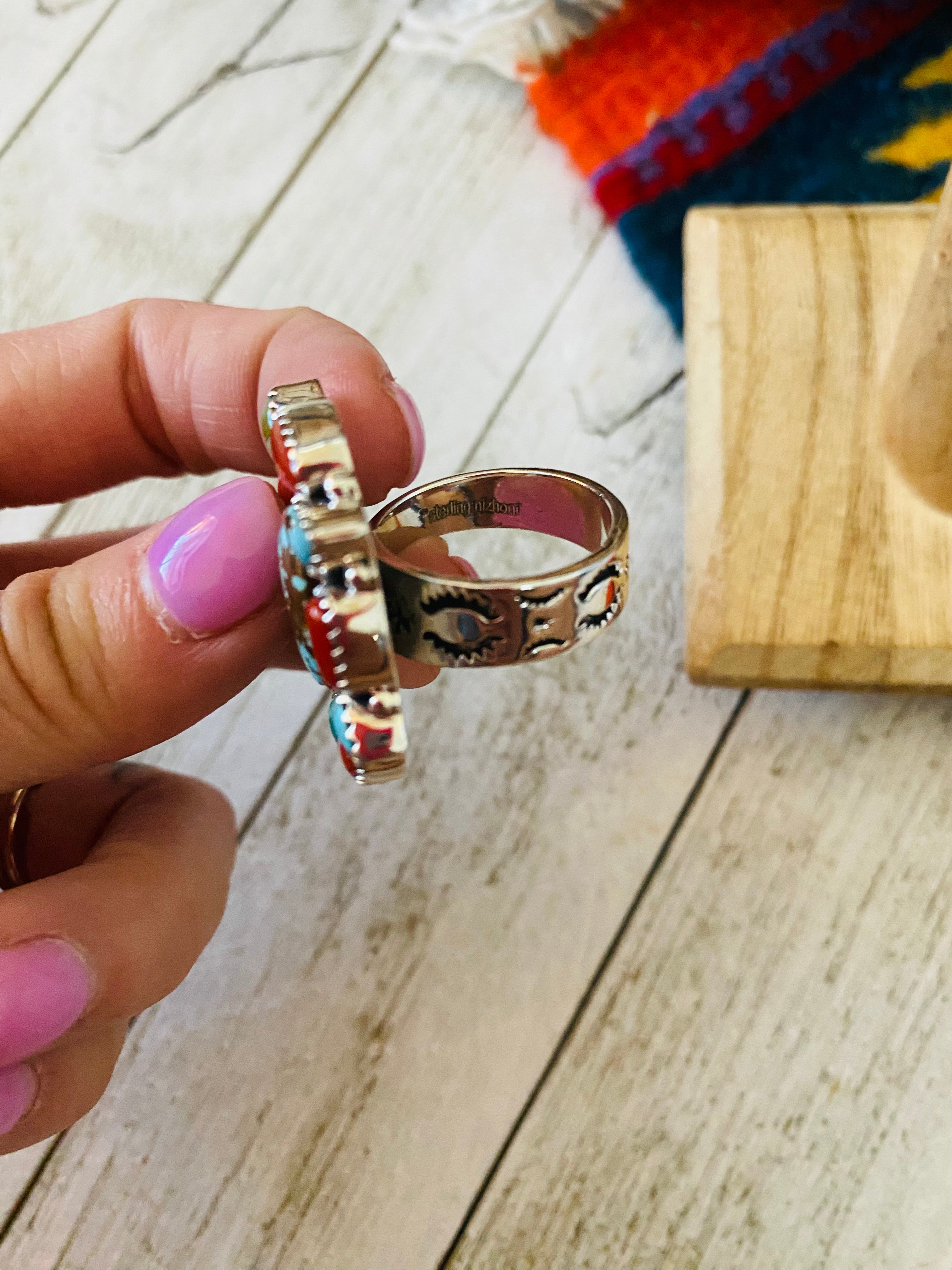 Handmade Sterling Silver, Coral & Number 8 Turquoise Cluster Adjustable Ring