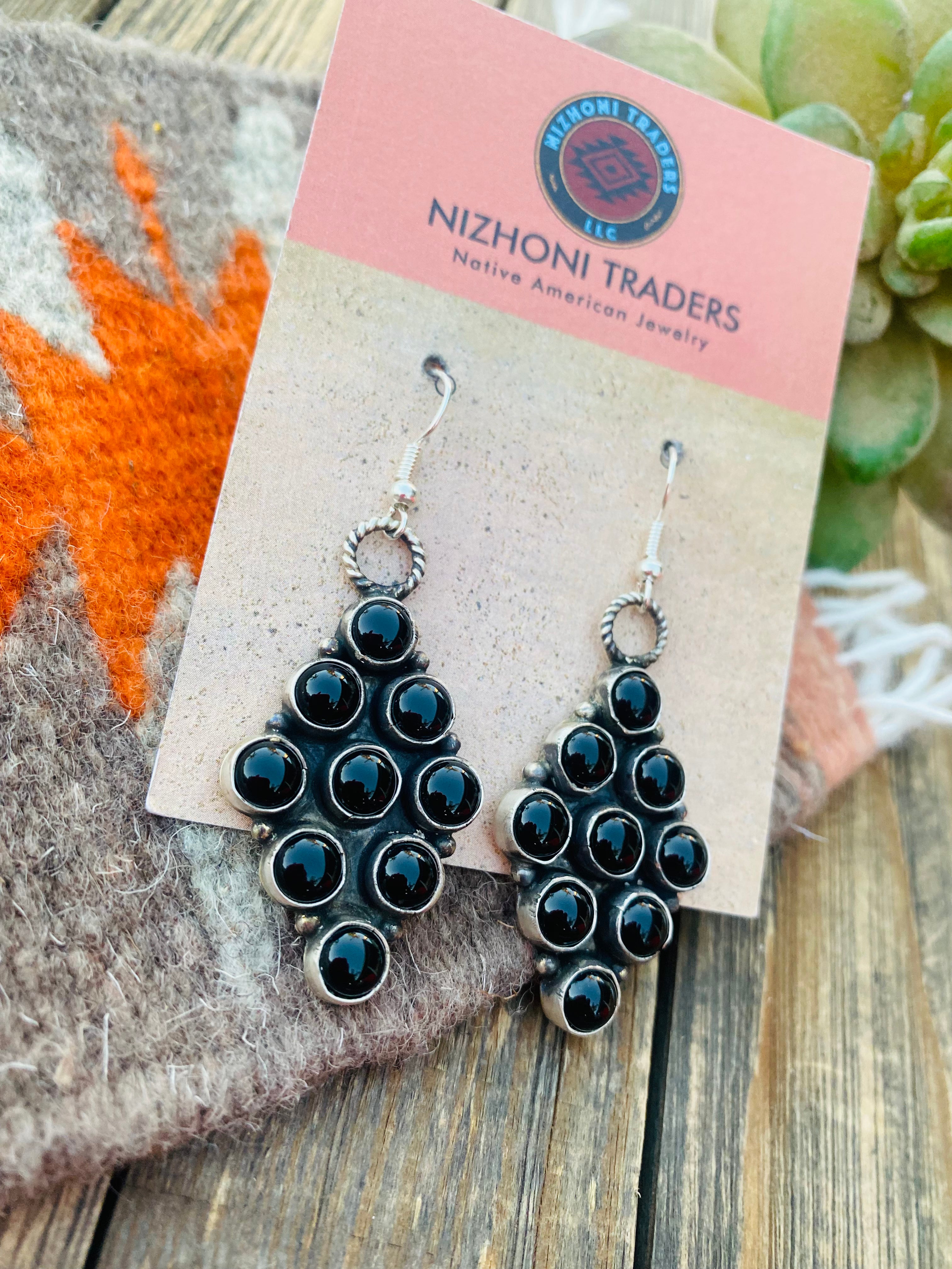 Navajo Onyx And Sterling Silver Cluster Dangle Earrings