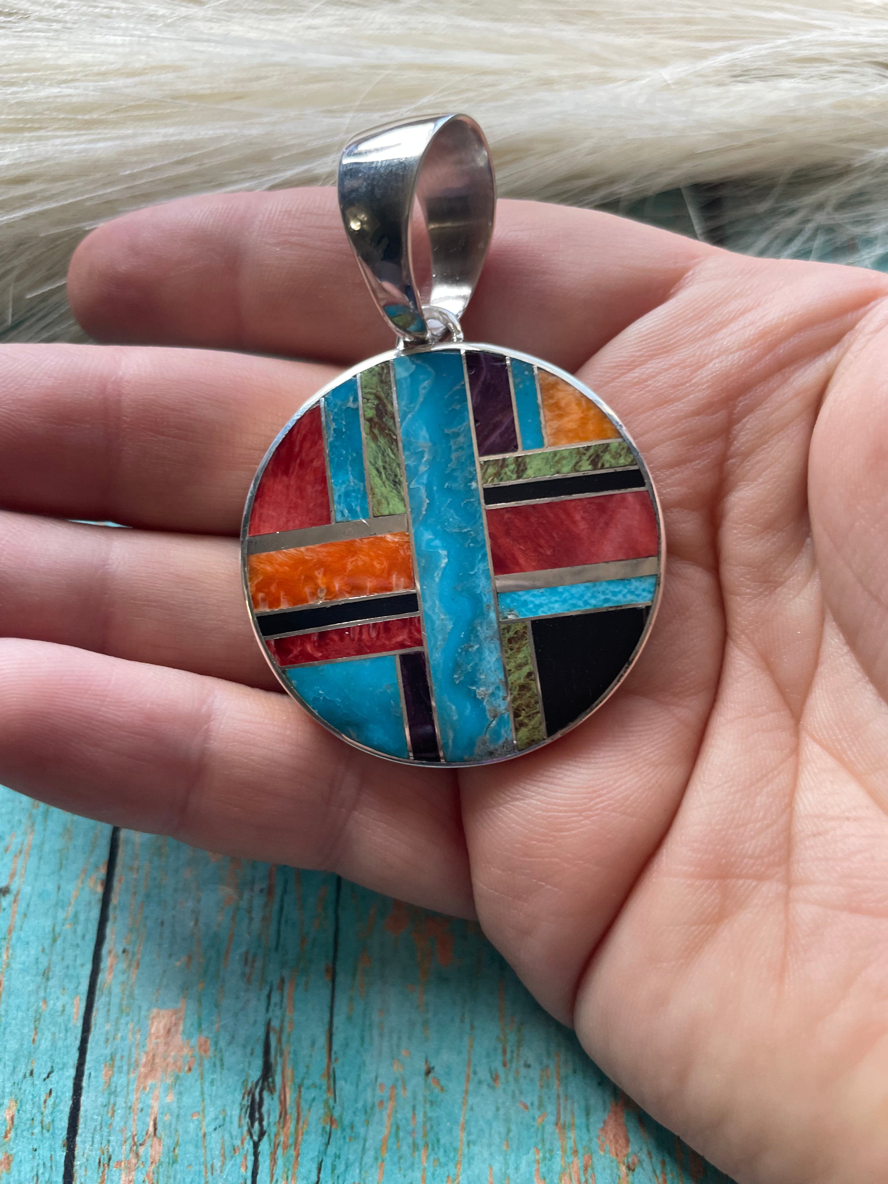 Navajo Multi Stone Inlay & Sterling Silver Circle Pendant