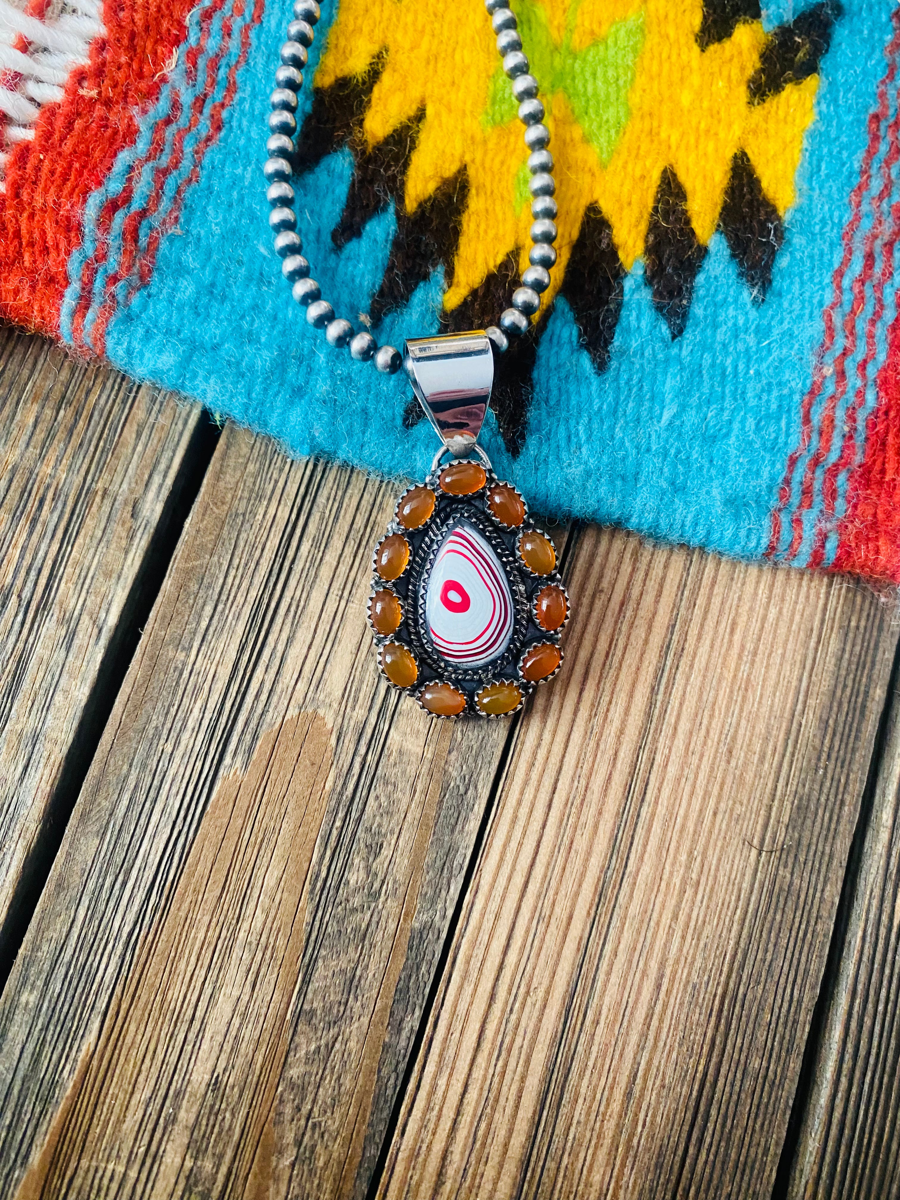 Handmade Sterling Silver, Fordite & Garnet Cluster Pendant