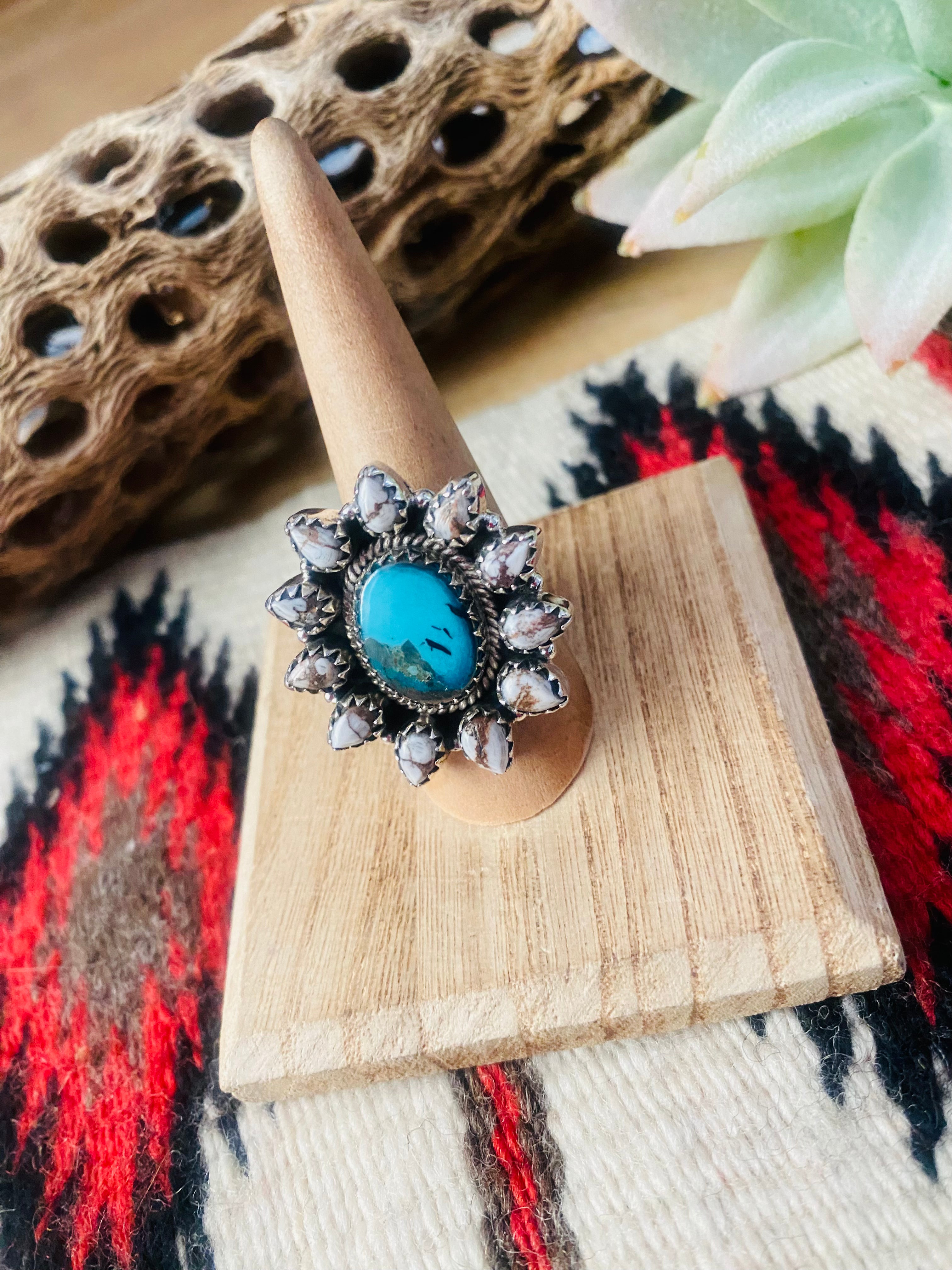 Handmade Sterling Silver, Wild Horse & Turquoise Cluster Adjustable Ring