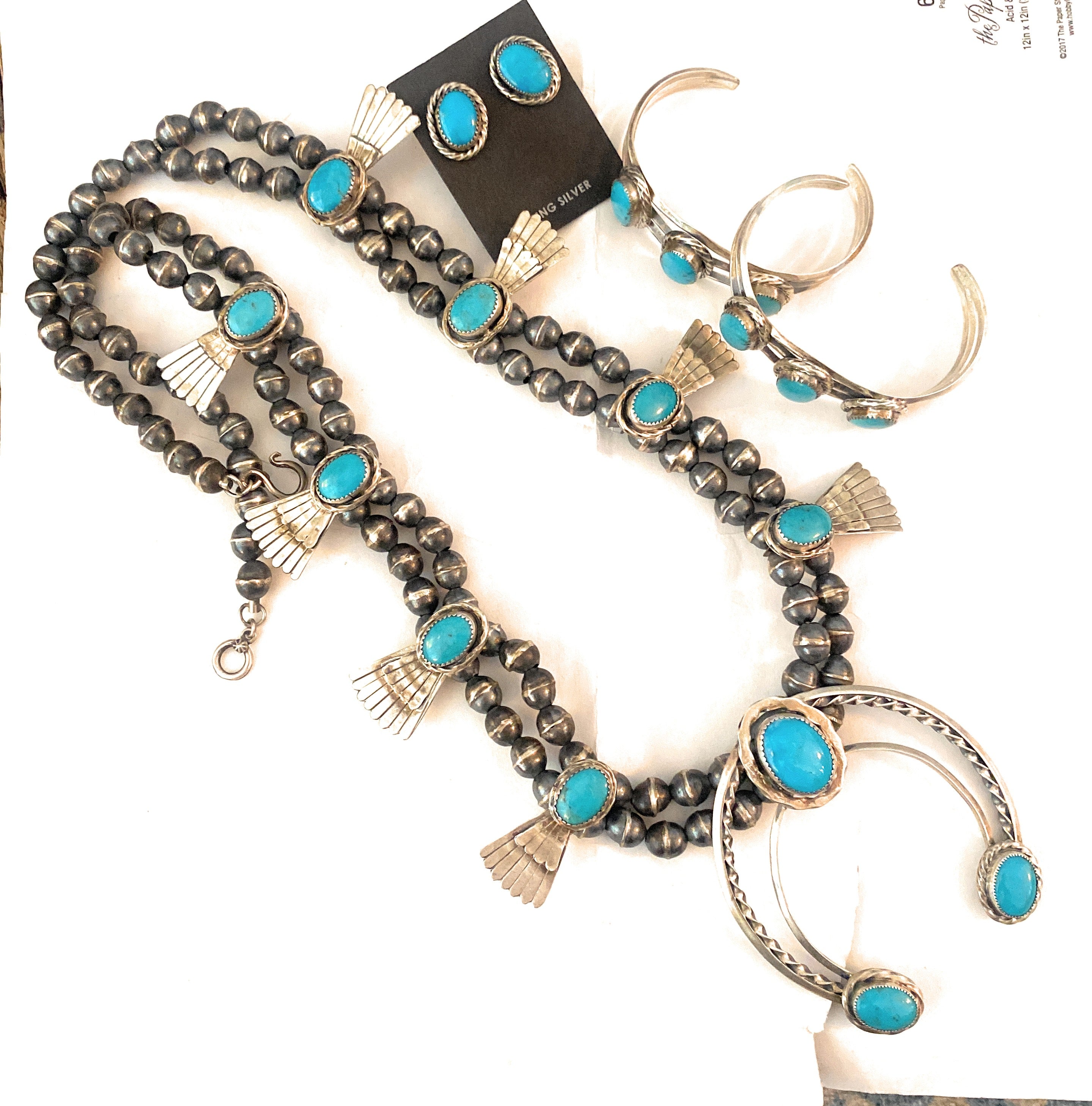 Old Pawn Vintage Navajo Turquoise And Sterling Silver 4 Piece Set