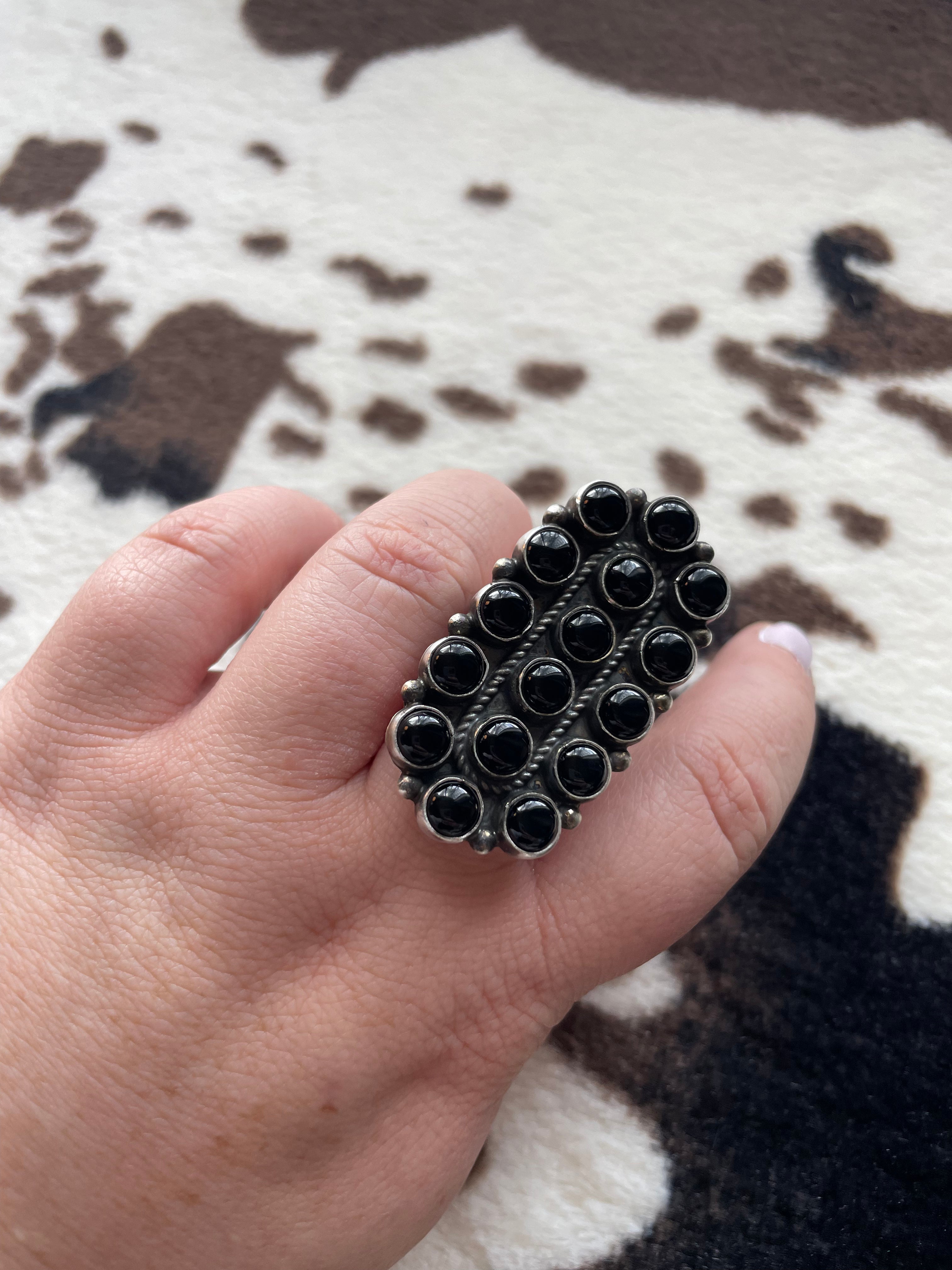 Navajo Sterling Silver & Black Onyx Cluster Adjustable Rings