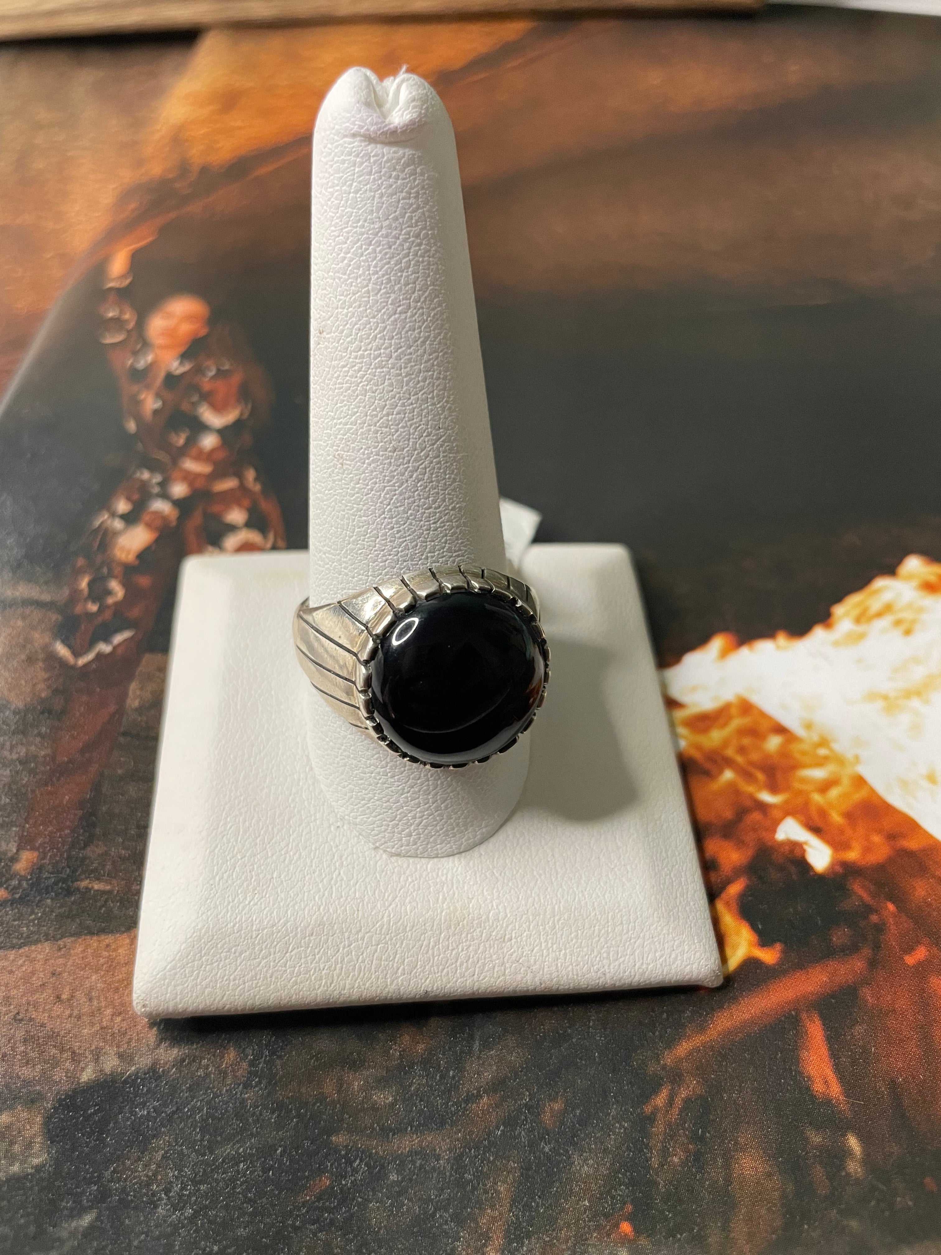 Navajo Ray Jack Sterling Silver Black Onyx Round Ring Size 12