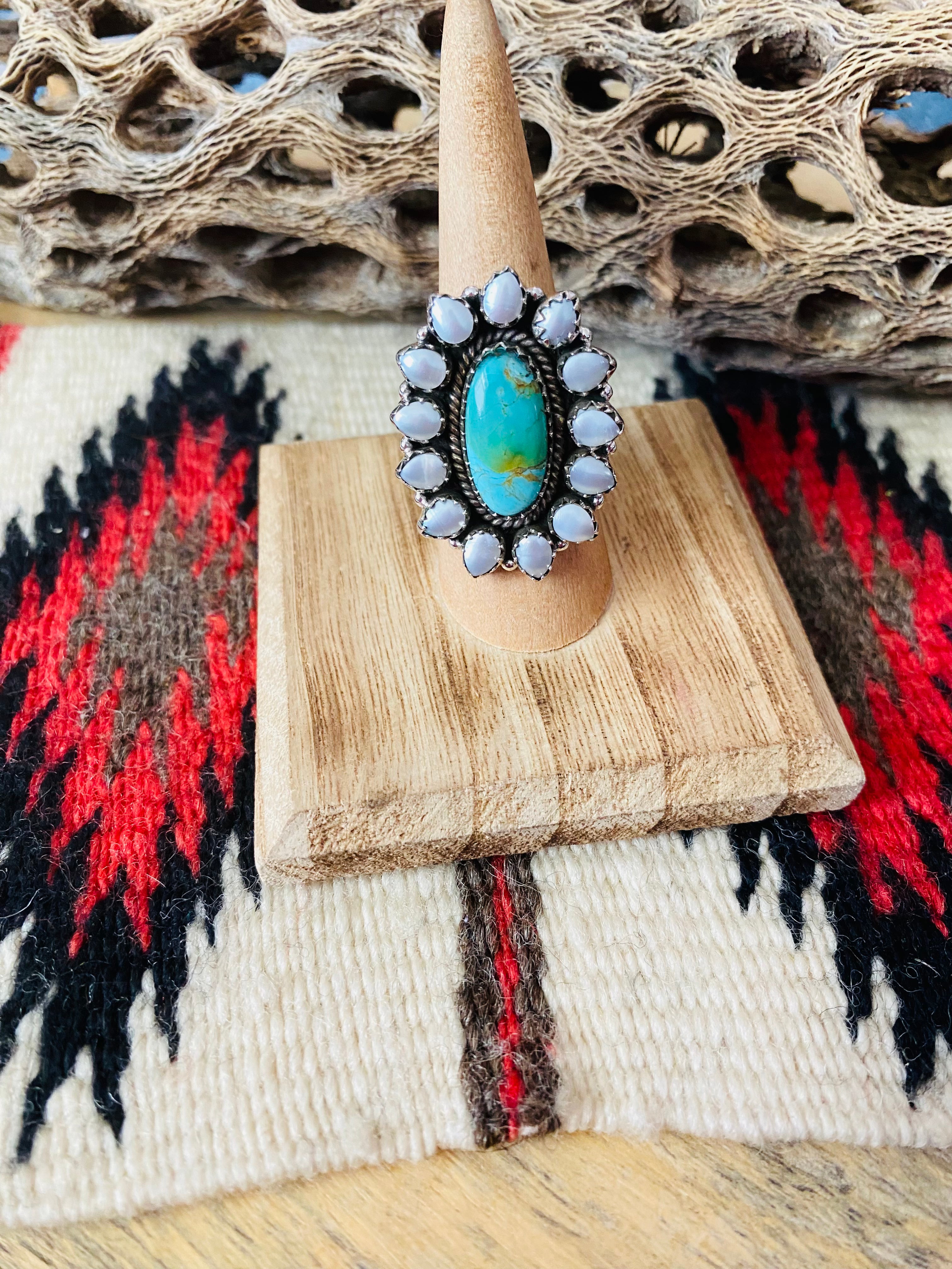 Handmade Sterling Silver, Turquoise & Pearl Cluster Adjustable Ring