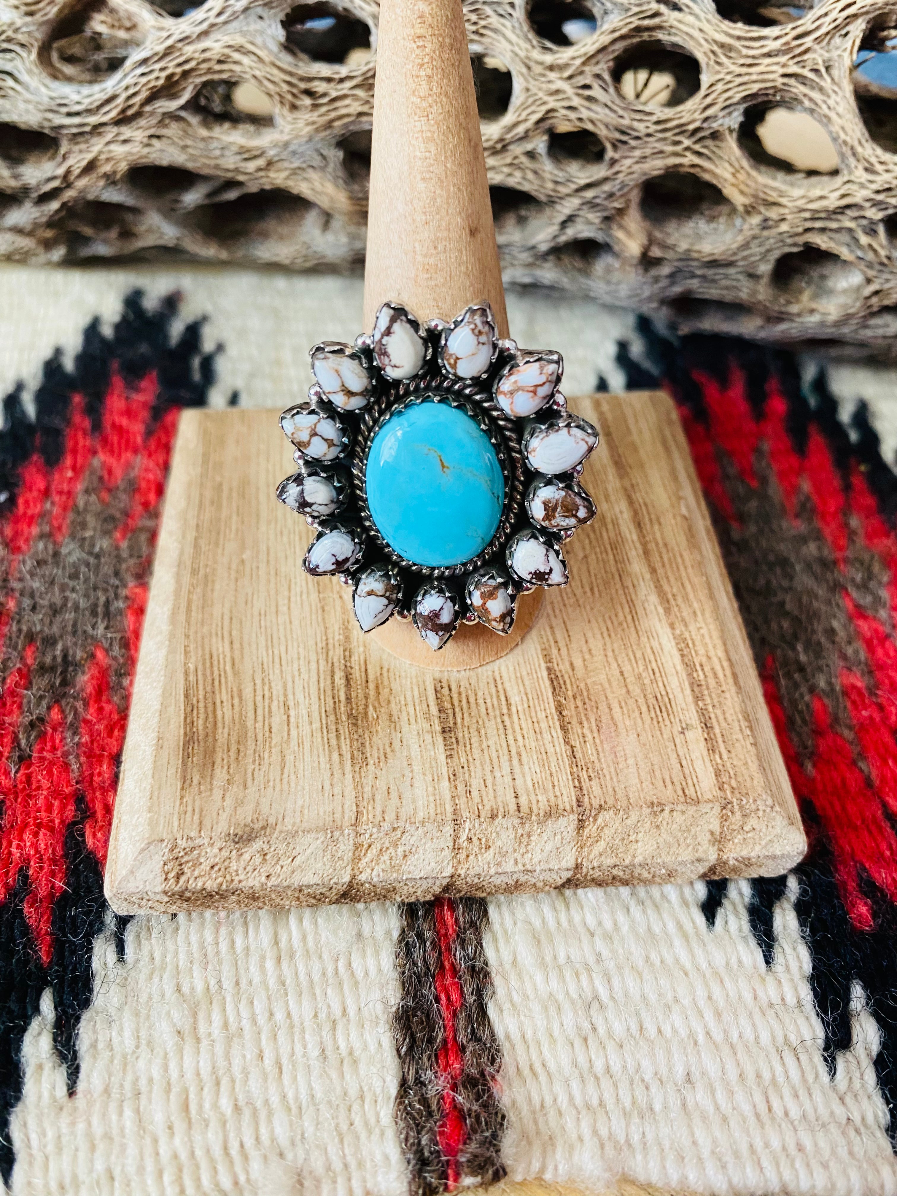 Handmade Sterling Silver, Wild Horse & Turquoise Cluster Adjustable Ring