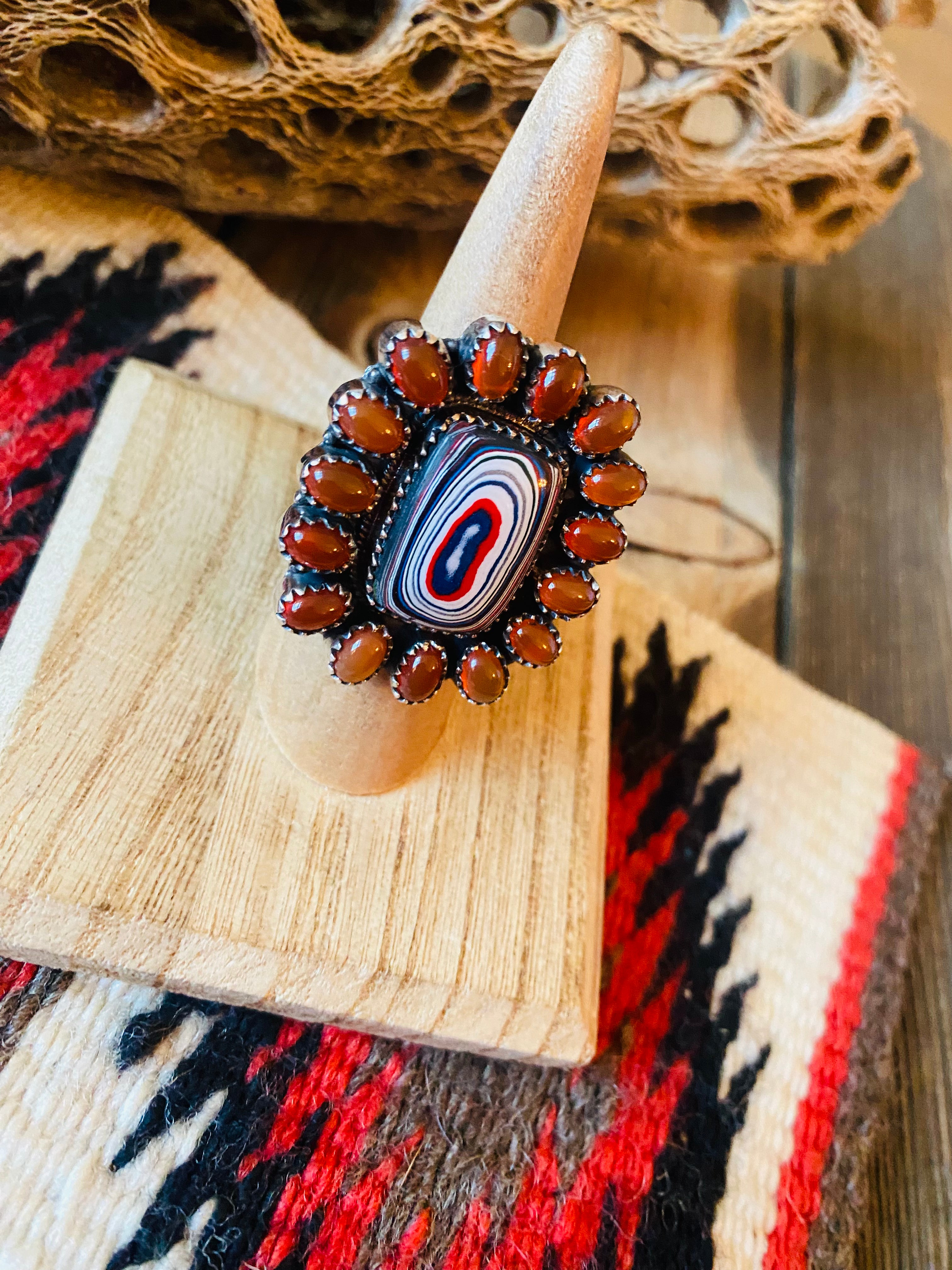 Handmade Sterling Silver, Fordite & Garnet Cluster Adjustable Ring