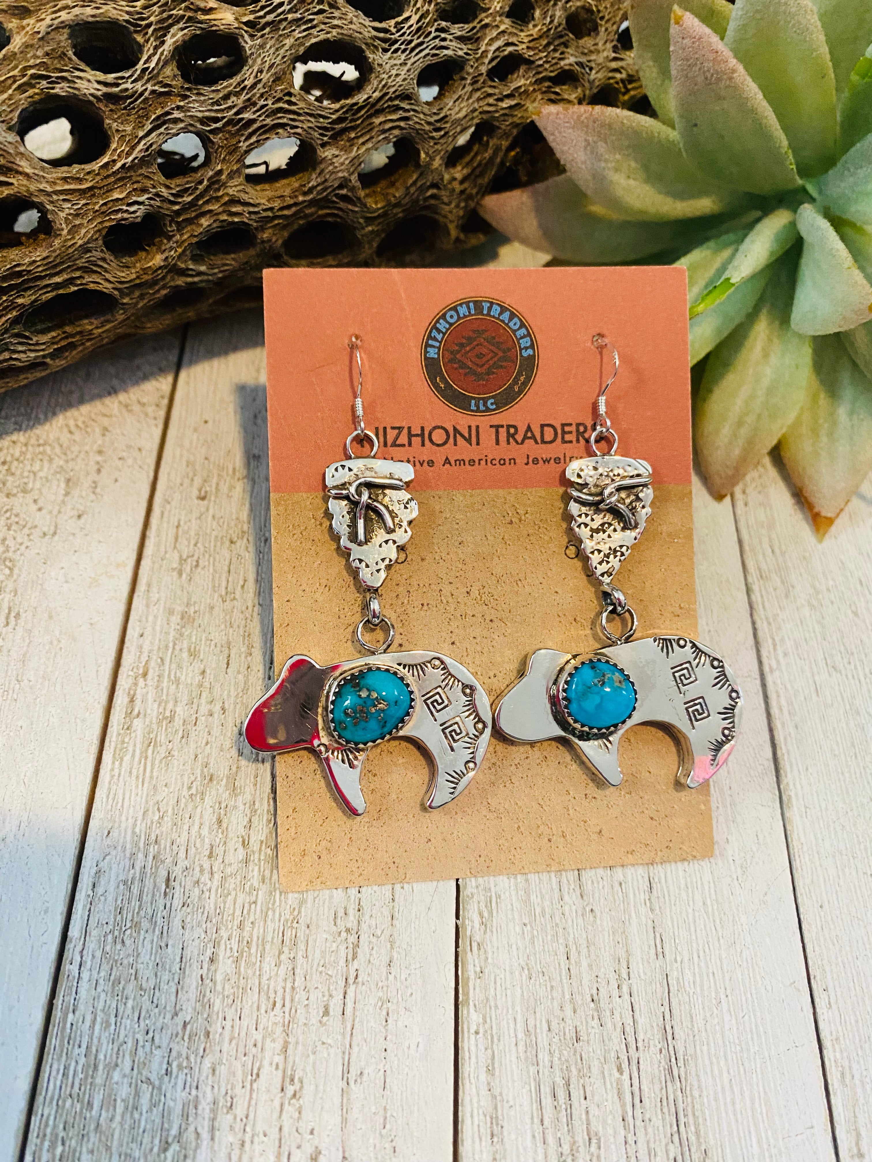 Navajo Turquoise & Sterling Silver Fetish Bear Dangle Earrings