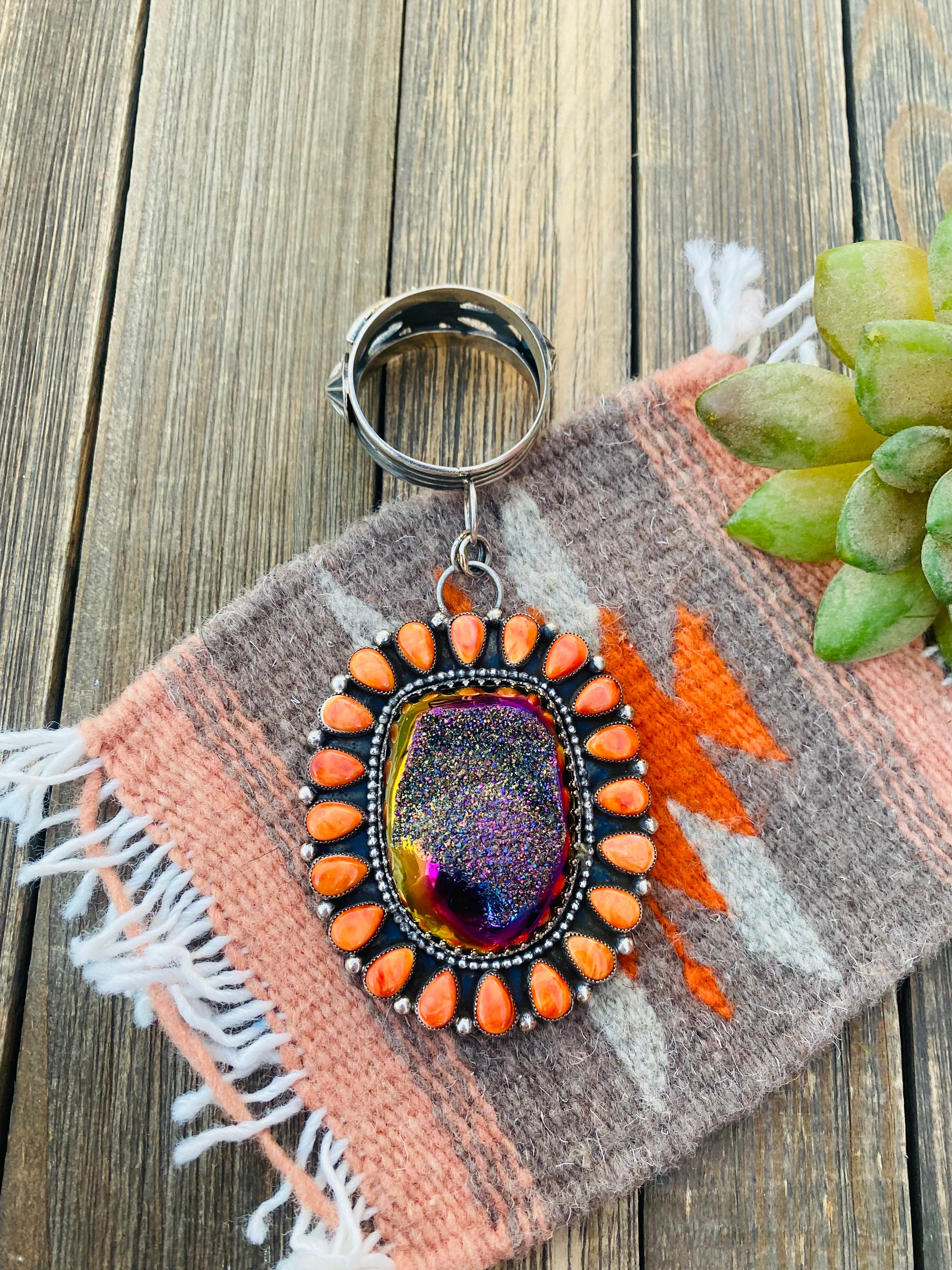 Navajo Sterling Silver, Druzy & Orange Spiny Cluster Pendant