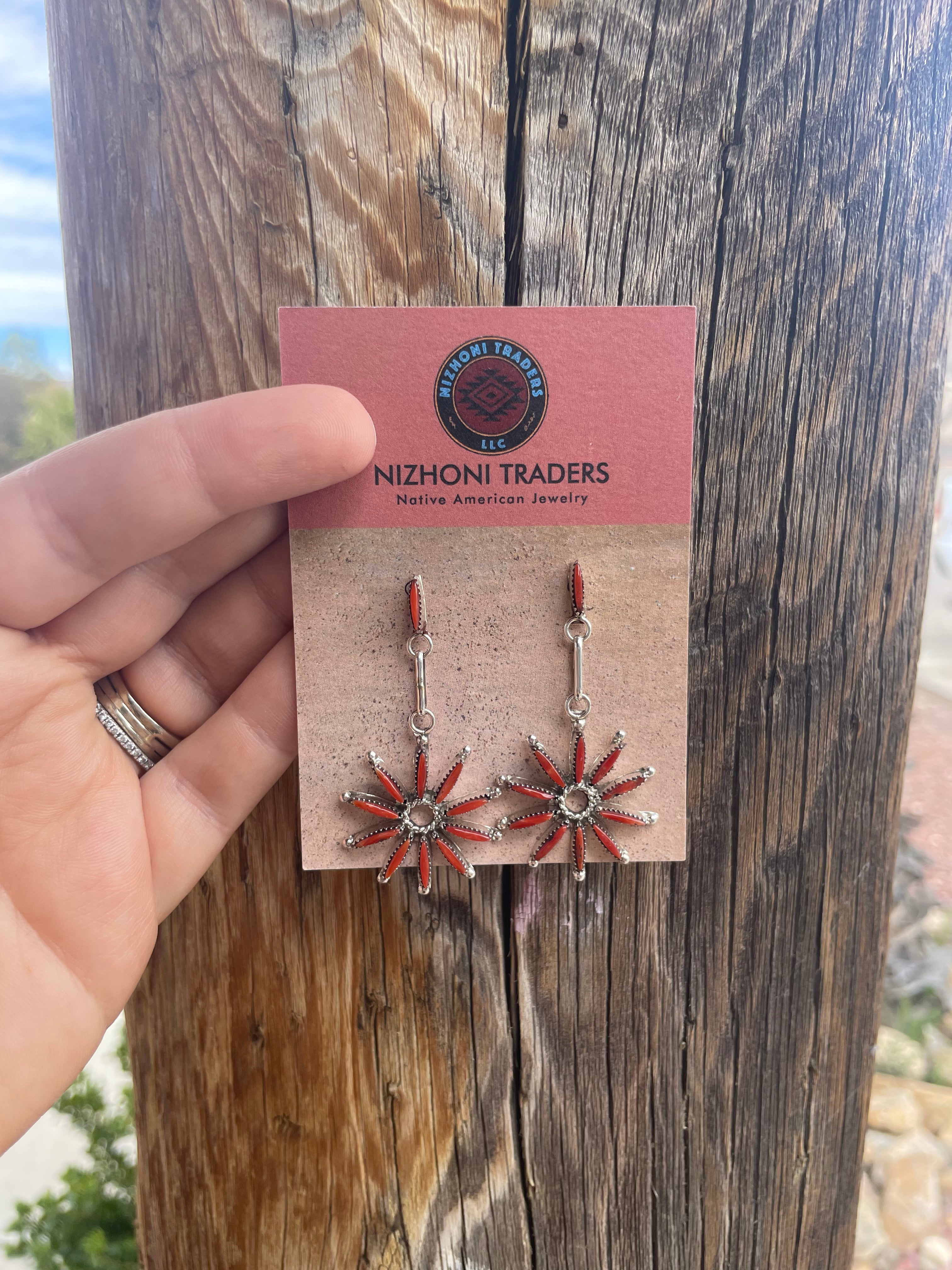 Zuni Coral And Sterling Silver Flower Dangle Earrings