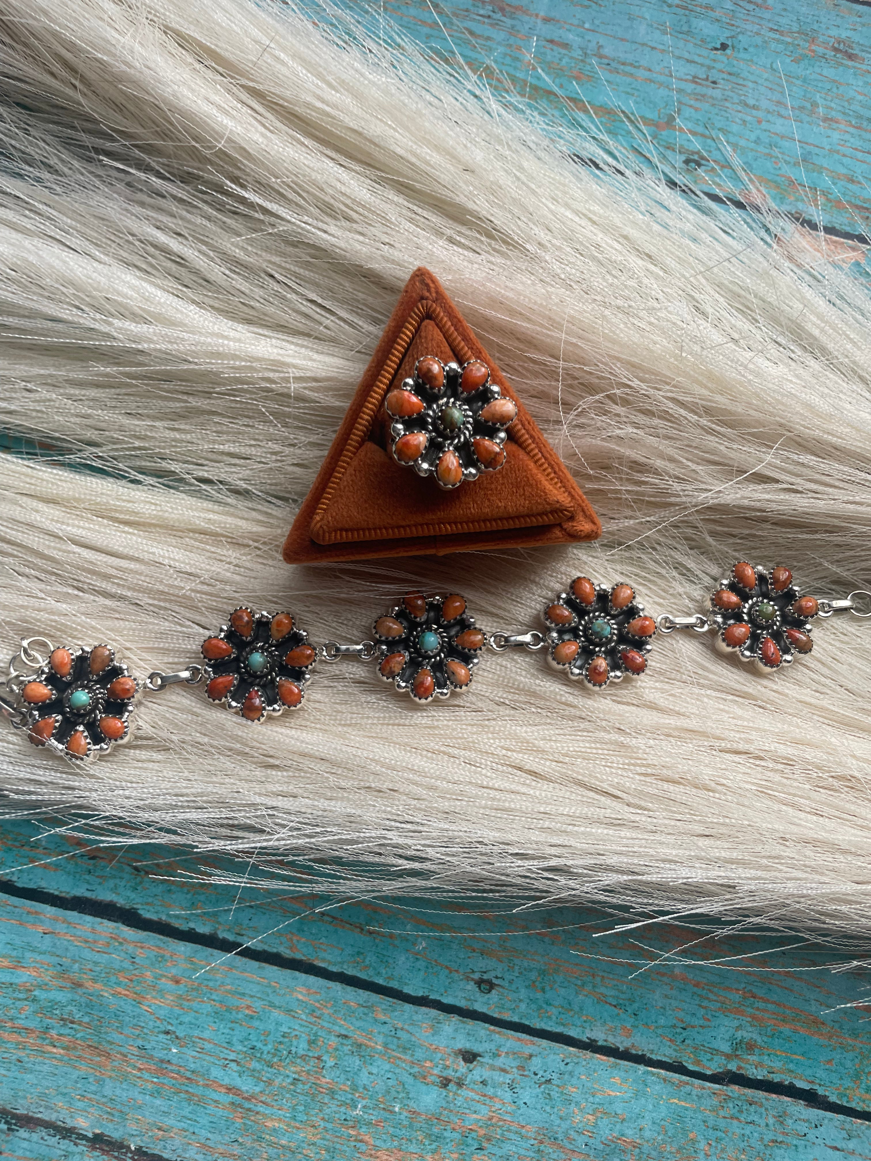 Handmade Sterling Silver Orange Spiny & Turquoise Cluster Bracelet Signed Nizhoni