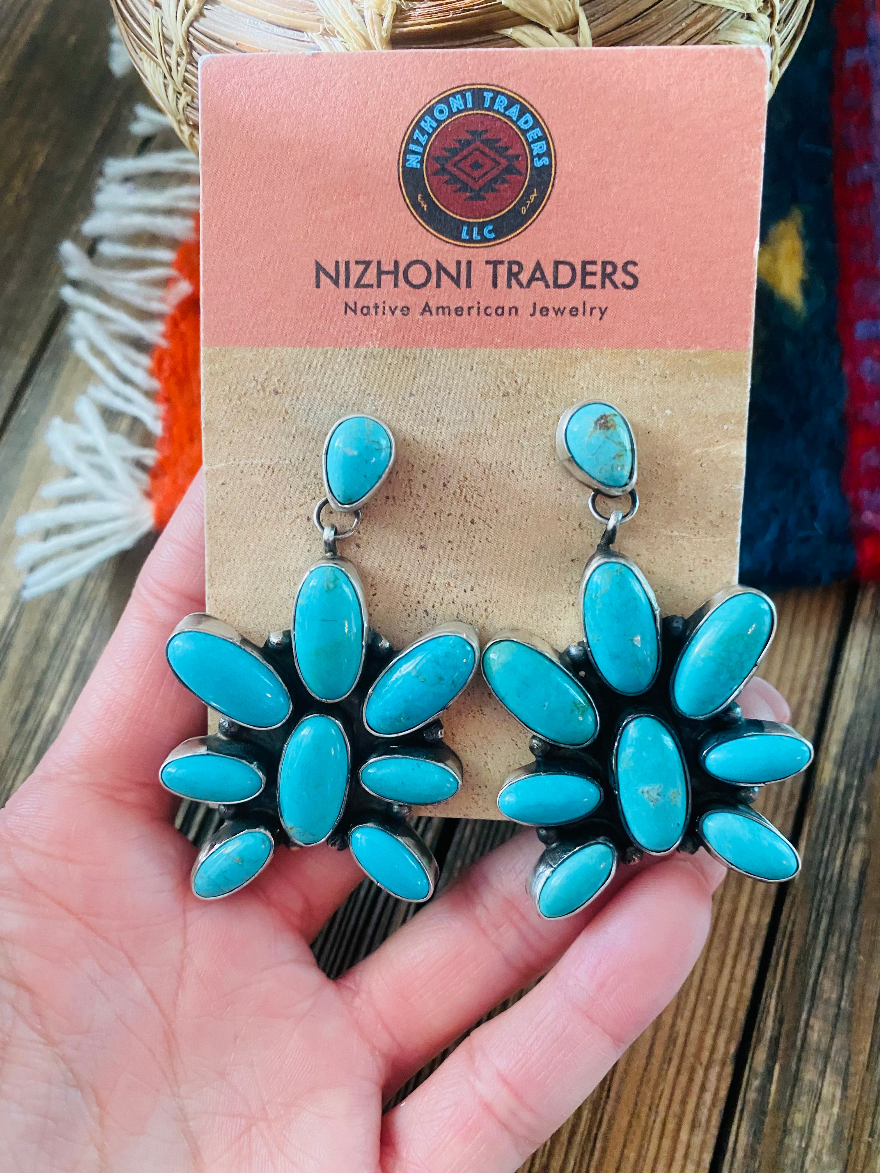 Navajo Turquoise & Sterling Silver Cluster Dangle Earrings