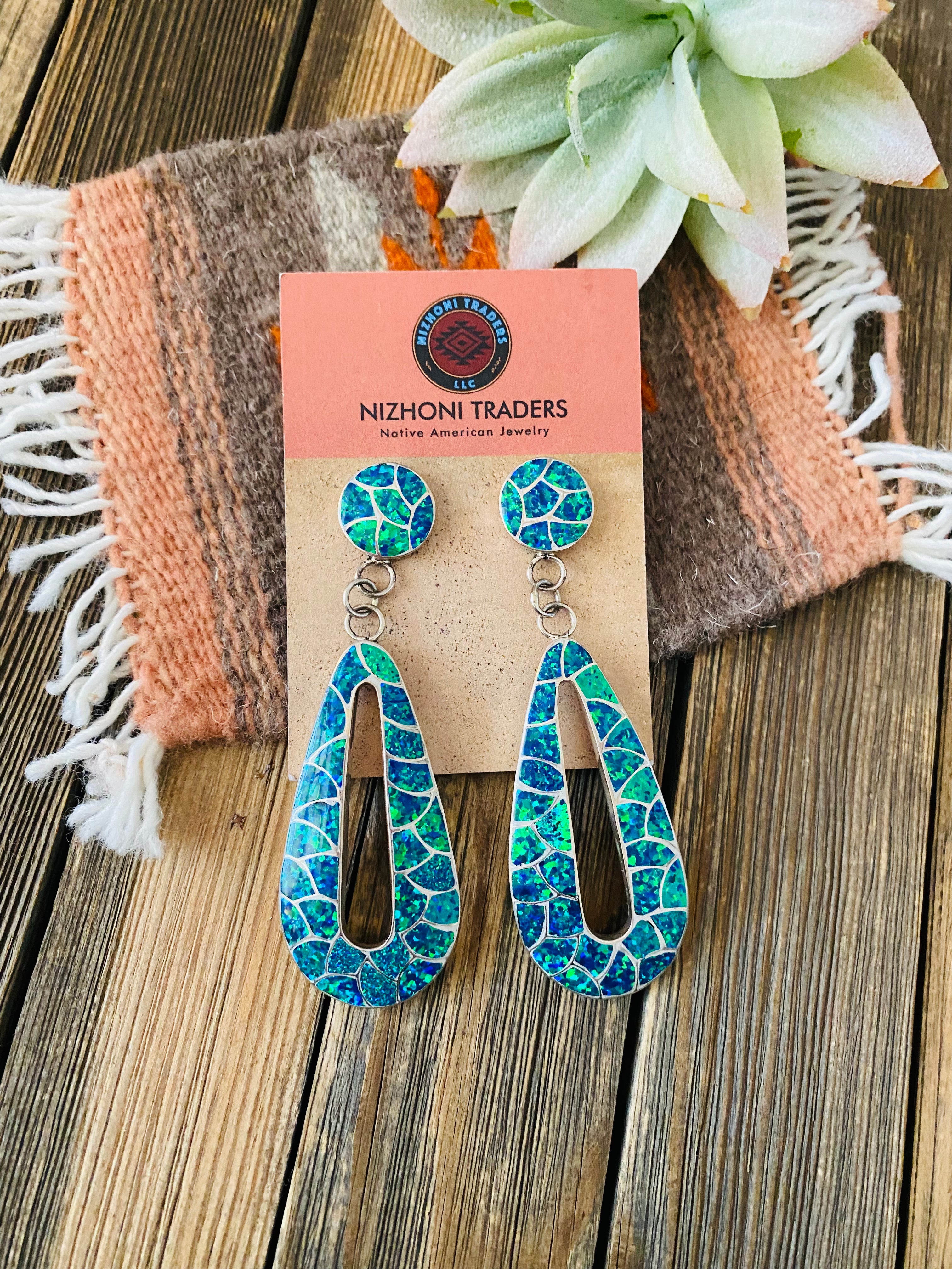 Zuni Blue Opal & Sterling Silver Inlay Dangle Earrings